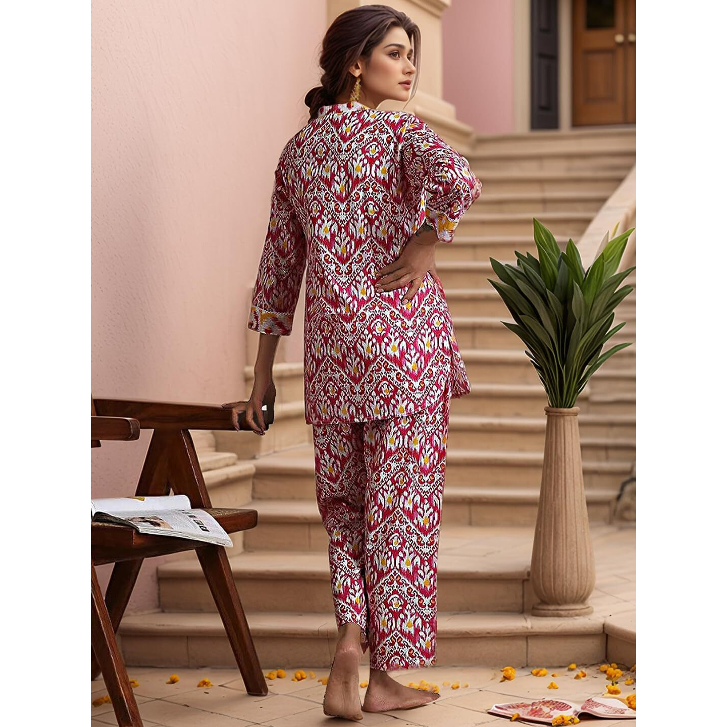 Nainvish Women's Pink Printed Straight Rayon Blend V-Neck Co-Ord Set (Sd727_Kb-Xxl_Pink)