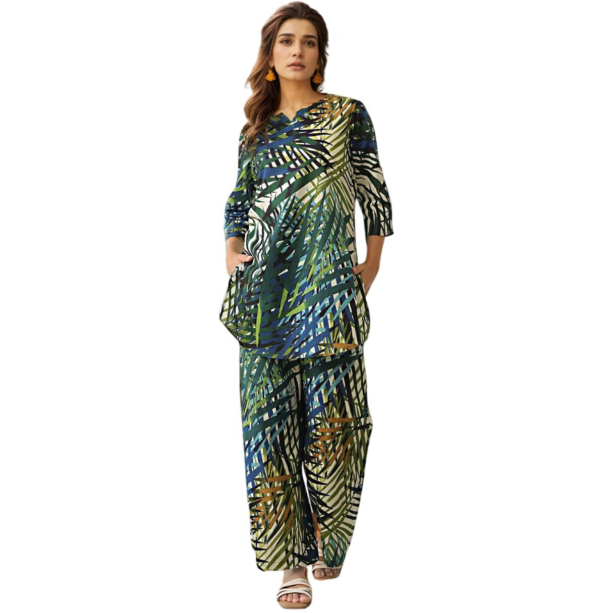 Nainvish Women's Blue & Green Printed Straight Rayon Blend Notch Neck Co-Ord Set (Sd724_Kb-Xl_Blue & Green)