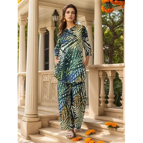 Nainvish Women's Blue & Green Printed Straight Rayon Blend Notch Neck Co-Ord Set (Sd724_Kb-Xl_Blue & Green)