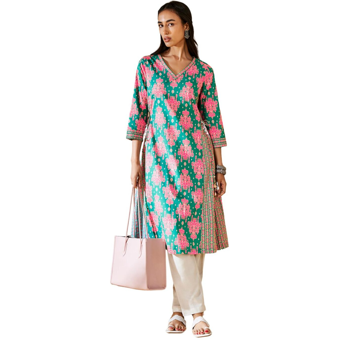 Nainvish Women's Cotton Blend Printed A-Line V-Neck Kurta (Sd658_K-S_Green & Pink)