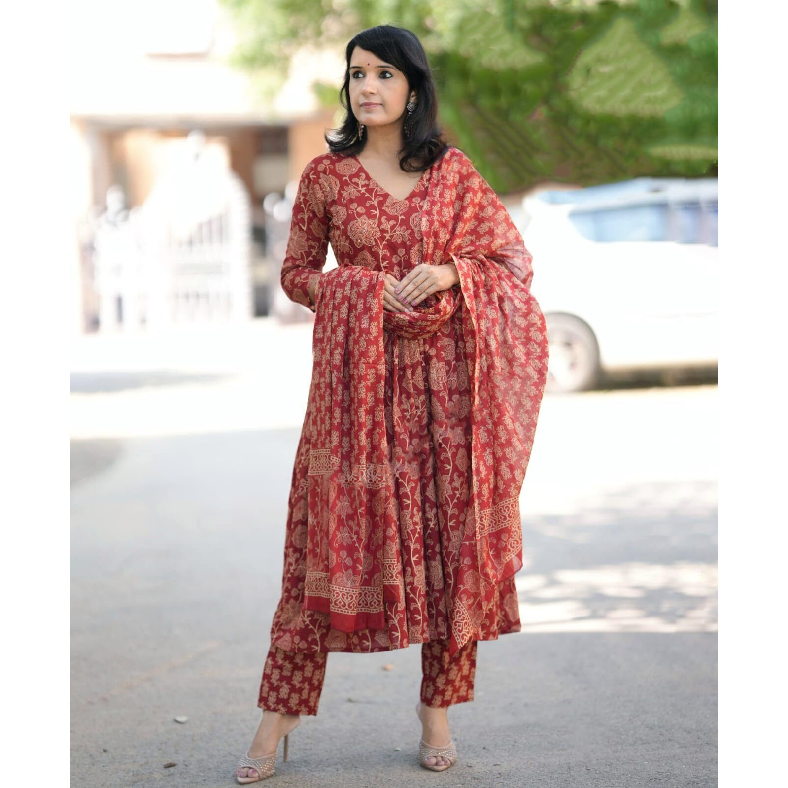 Nermosa Viscose Women Printed Anarkali Kurta Pant With Dupatta Set (In, Alpha, L, Red)
