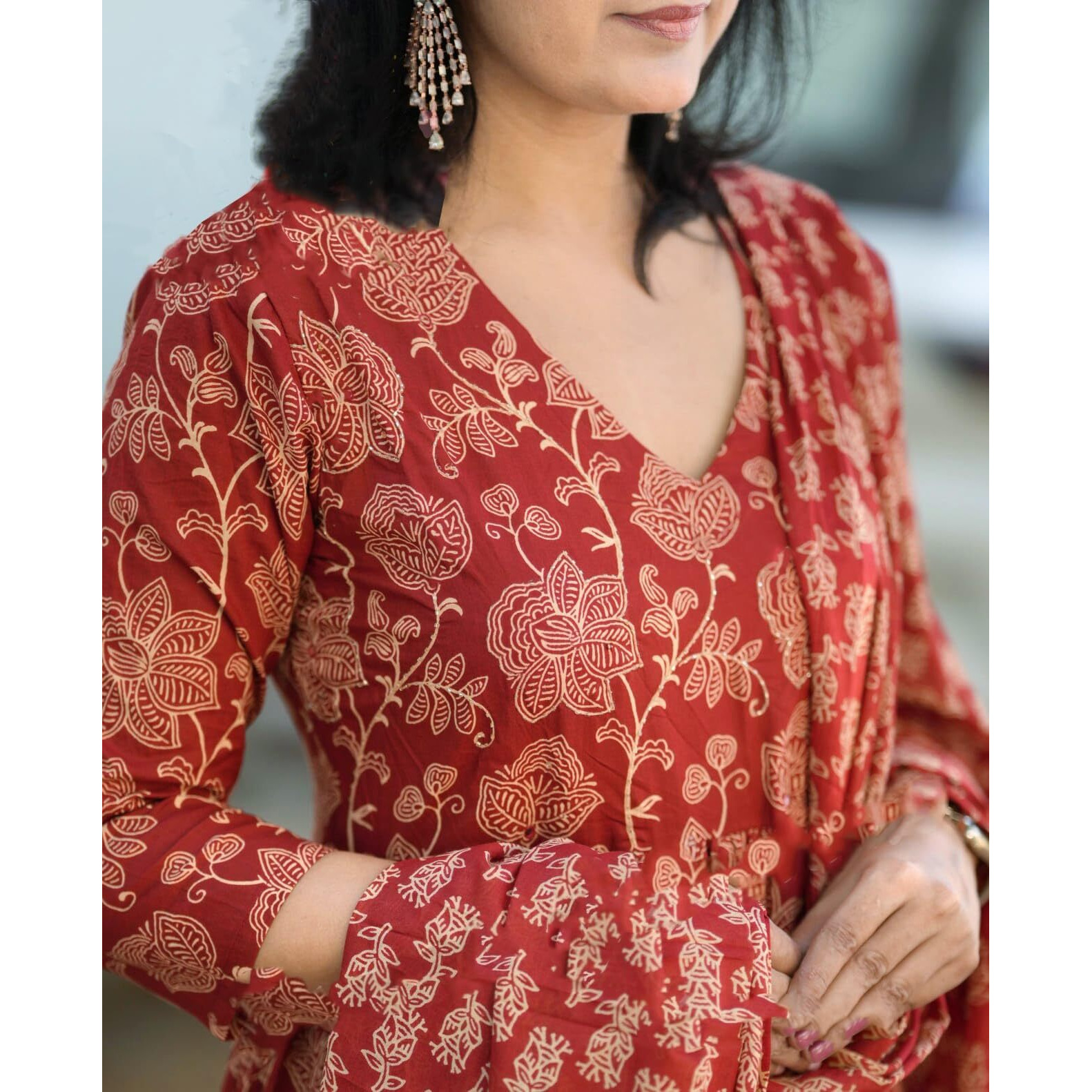 Nermosa Viscose Women Printed Anarkali Kurta Pant With Dupatta Set (In, Alpha, L, Red)