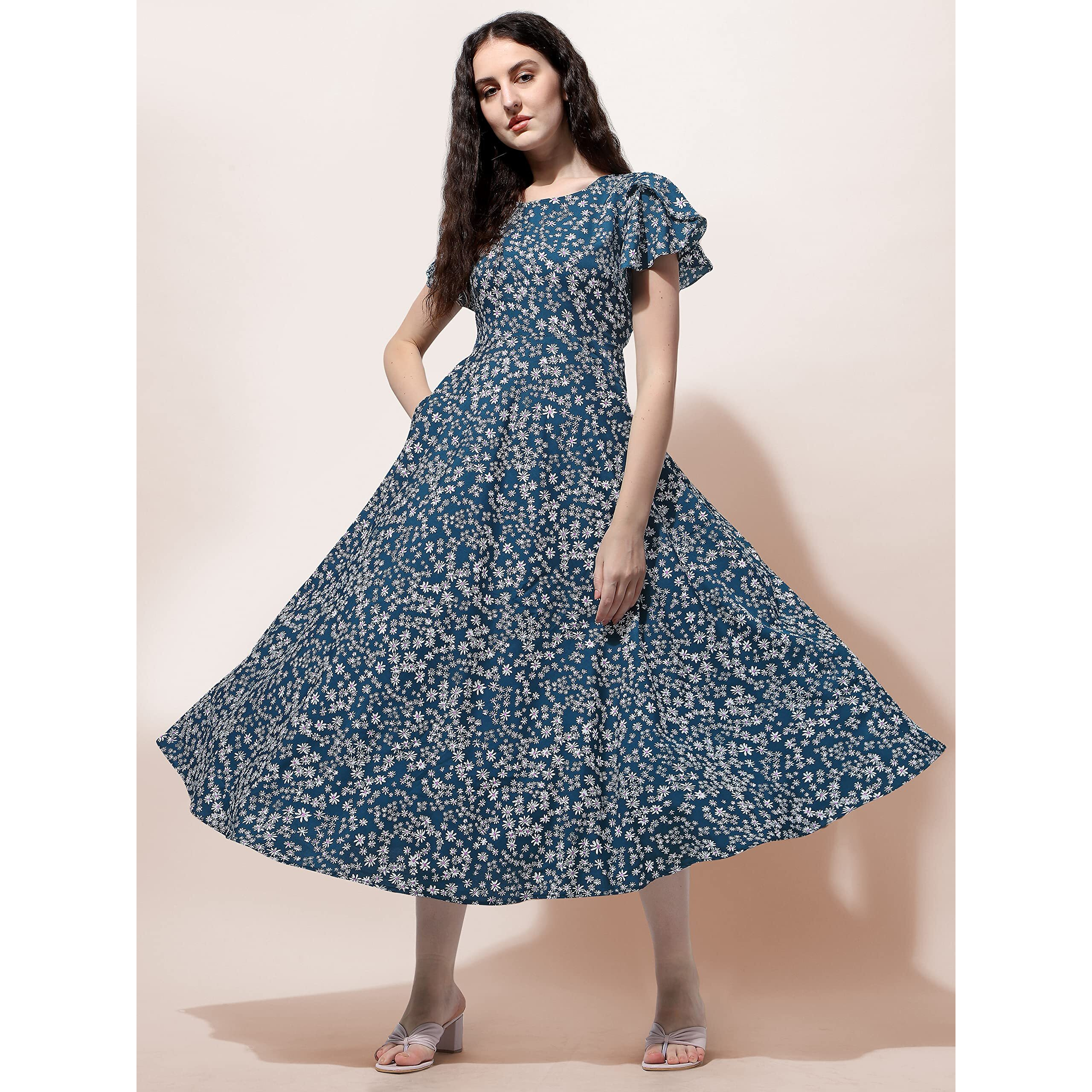 Oomph Dress For Women Stylish | One Piece For Women Long | Trendy Long One Piece Summer Outfit | Lightweight Flared Maxi Dress For Casual & Holiday Wear Green