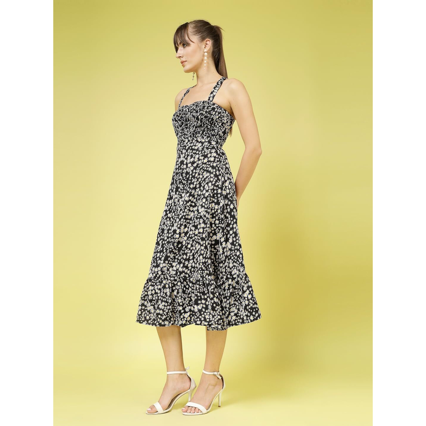 Oomph Women's Western & Fusion Wear Printed Crepe Dress For Women, Smocked Bodice, Black - Md1031