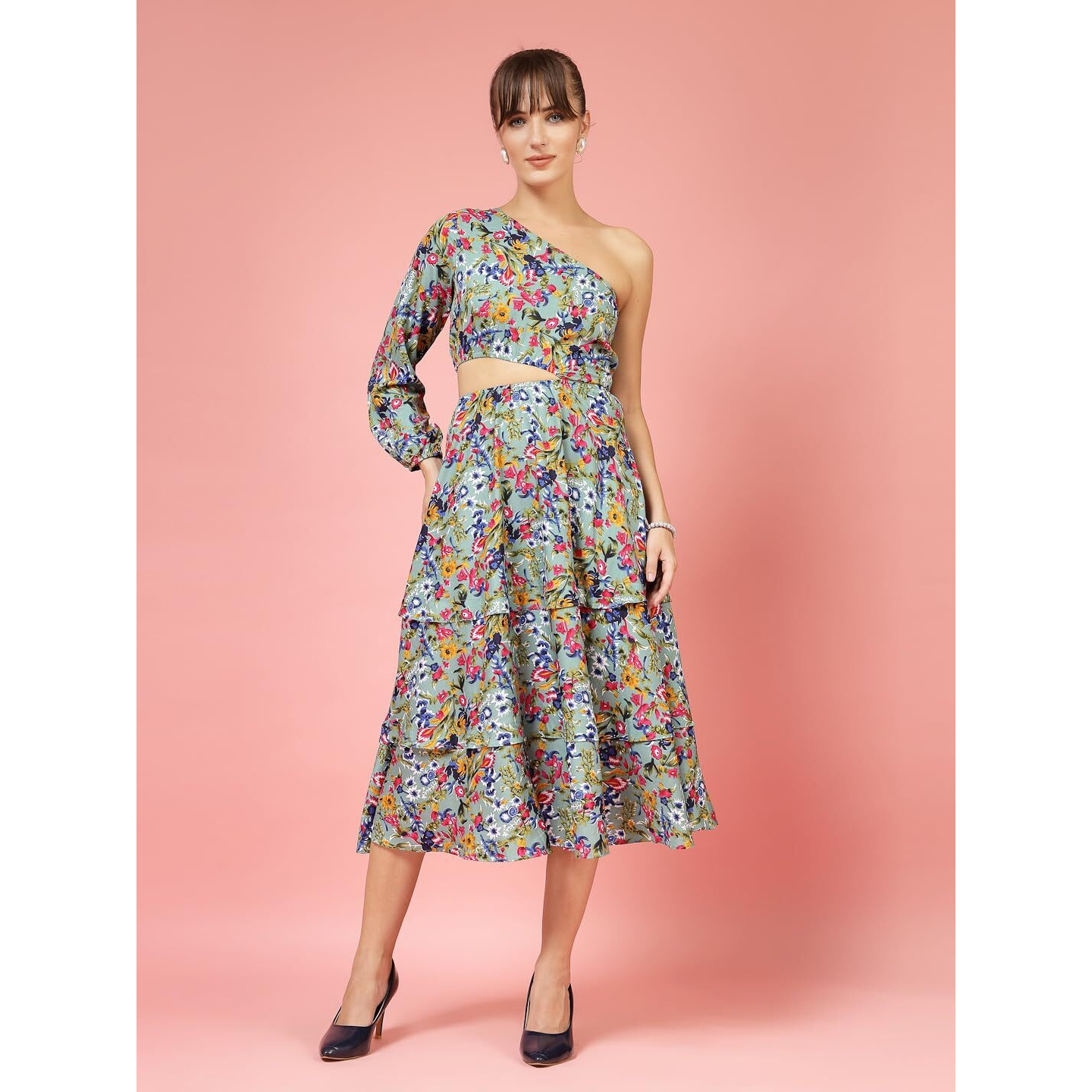 Oomph Women's Western & Fusion Wear Printed Crepe Dress For Women, One Shoulder, Blue - Md1068