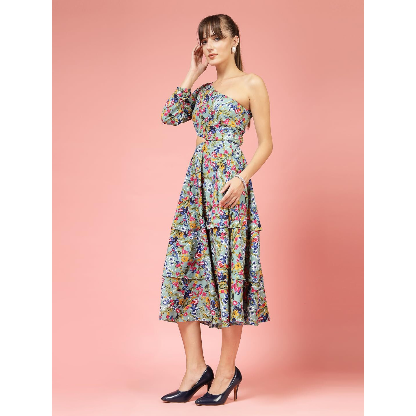 Oomph Women's Western & Fusion Wear Printed Crepe Dress For Women, One Shoulder, Blue - Md1068