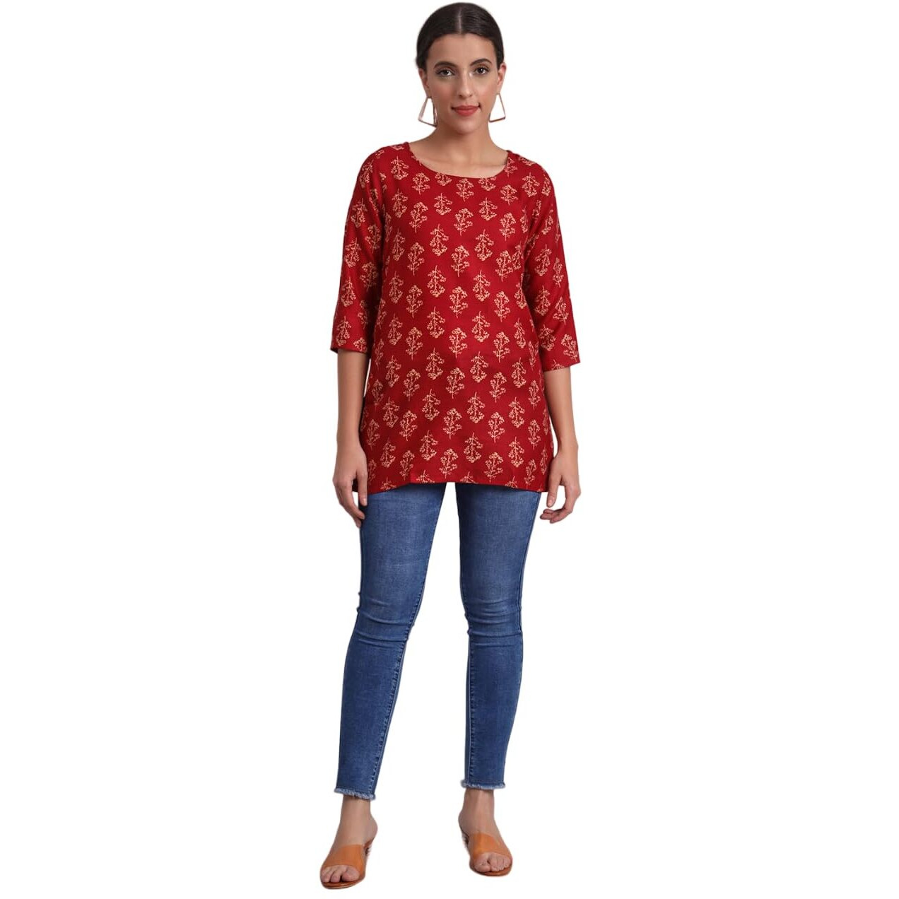 Patlani Women's Cotton Printed Short Fullstitched Kurti/Kurtas. Maroon