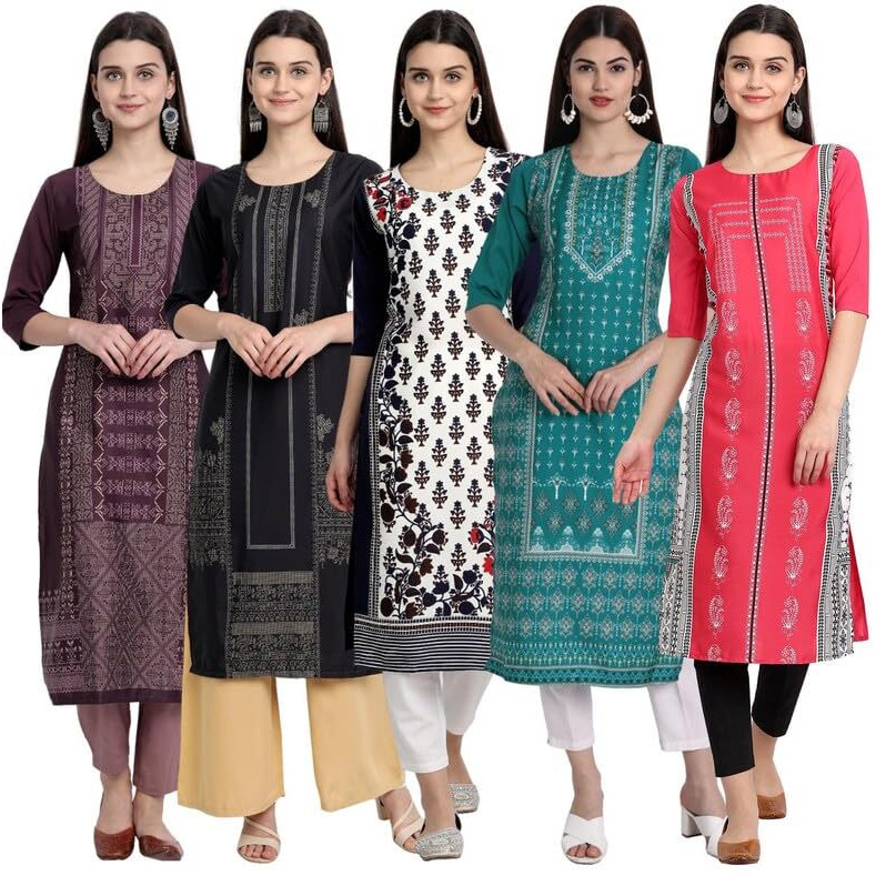Pinkmint Women's Printed Kurti For Women's Round Neck Straight Kurti For Women (Pack Of 5)