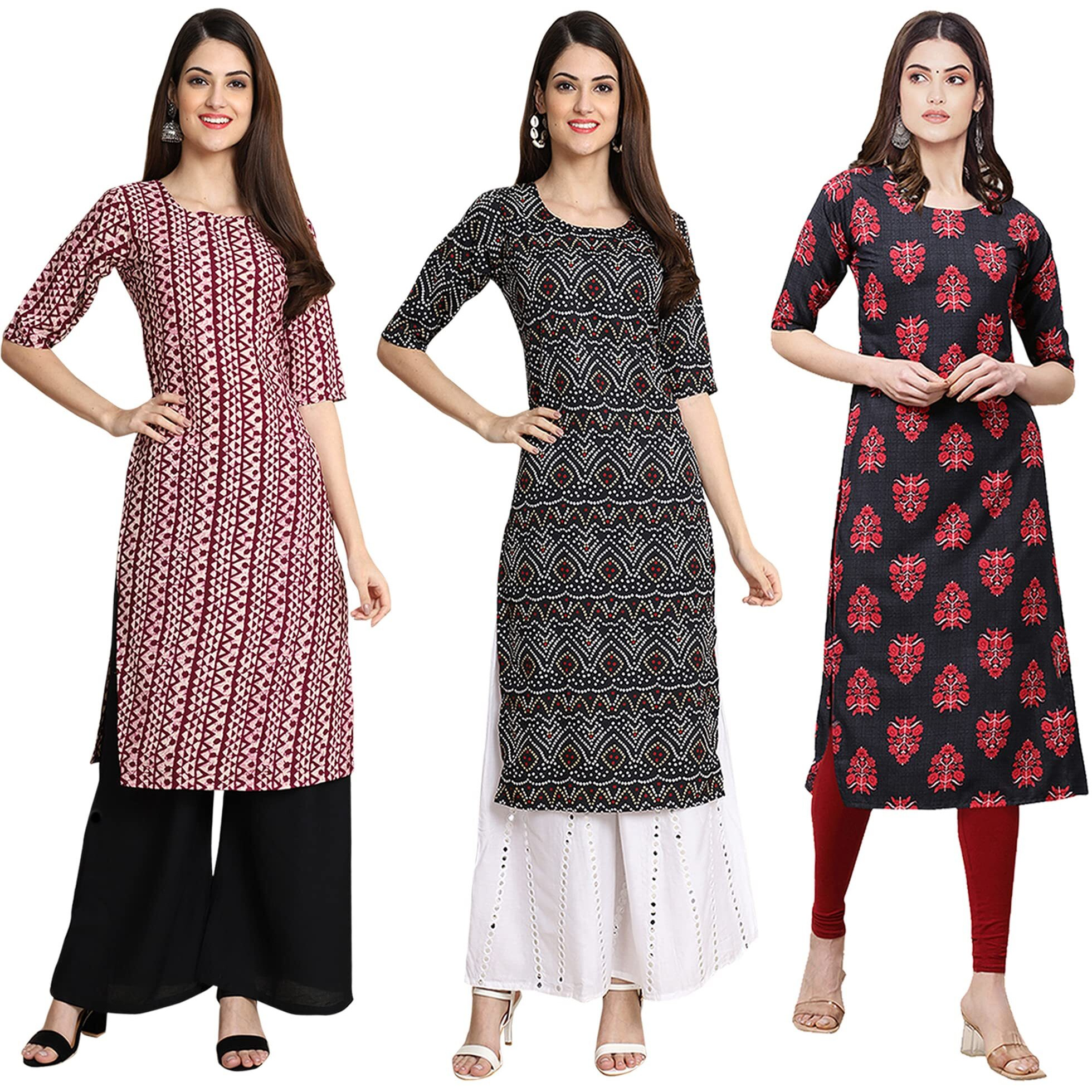 Pinkmint Women's Crepe Digital Print Straight Kurta [Pack Of 3] (347-373-345_Xxl)
