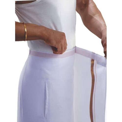 Prakasam Cotton White Colour-Gold Jari Border Welcro Pocket Stitched Dhoti For Mens/Size Hip -42 Inches- Length- 42 Inches