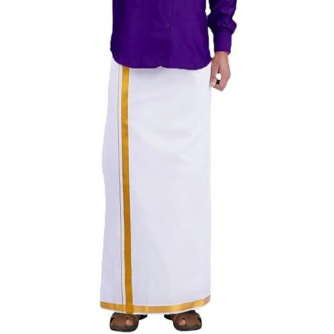 Prakasam Cotton White Colour-Gold Jari Border Welcro Pocket Stitched Dhoti For Mens/Size Hip -42 Inches- Length- 42 Inches