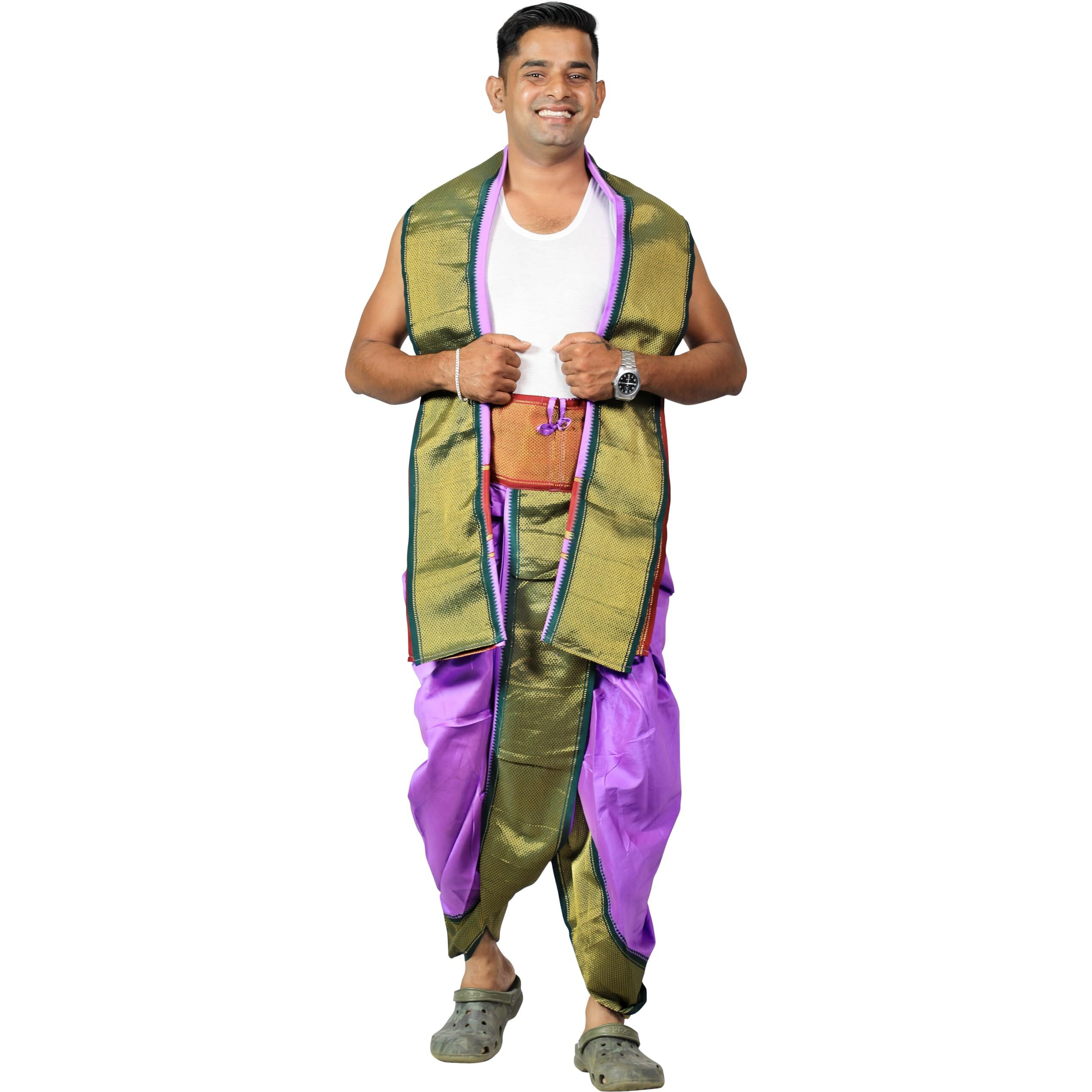 Prakasam Cotton Mens Asha Silk Panchakacham Ready To Wear Dhoti Towel Set With Pocket/Panchakacham Dhoti With Angavastram (Stitched Dhoti With Pocket