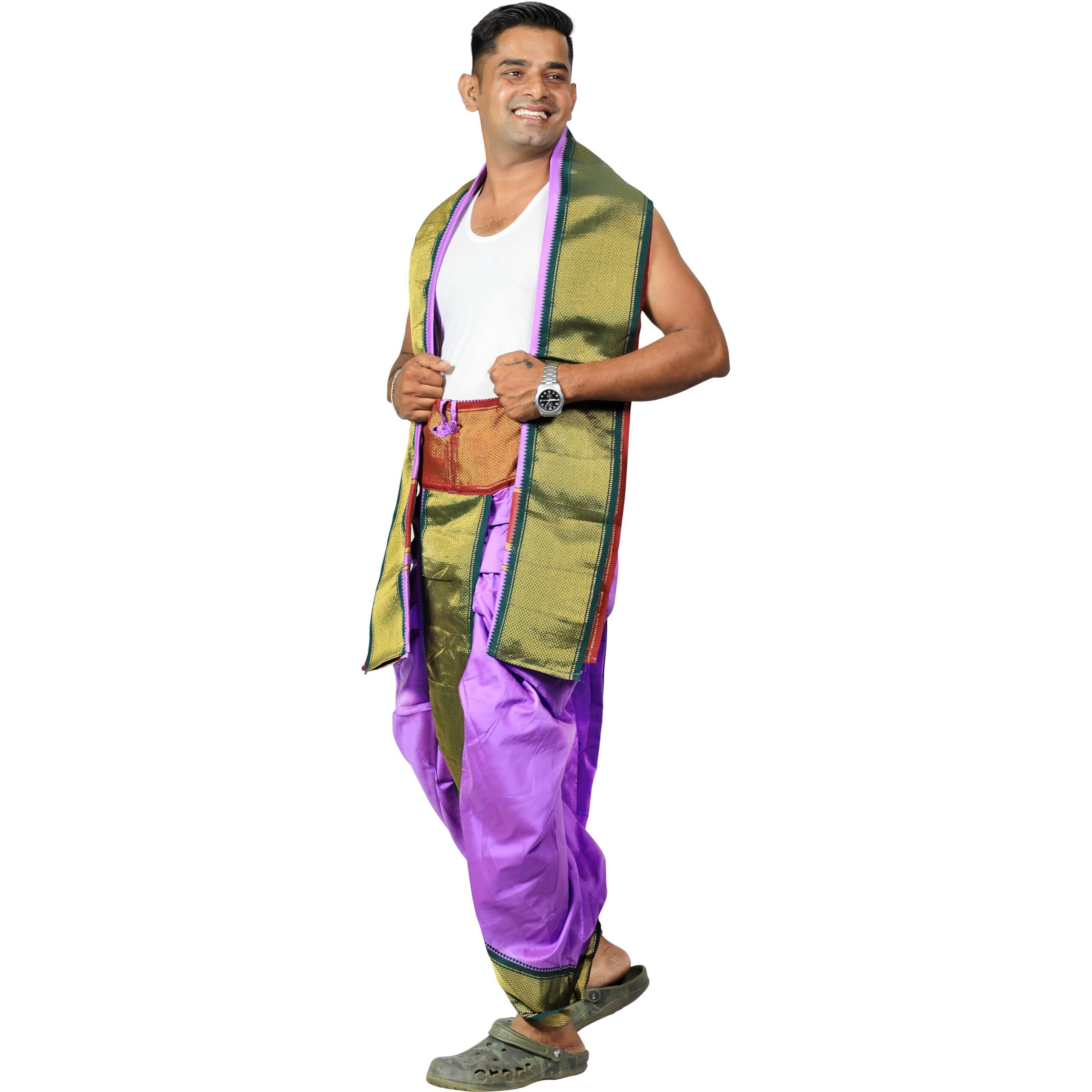 Prakasam Cotton Mens Asha Silk Panchakacham Ready To Wear Dhoti Towel Set With Pocket/Panchakacham Dhoti With Angavastram (Stitched Dhoti With Pocket