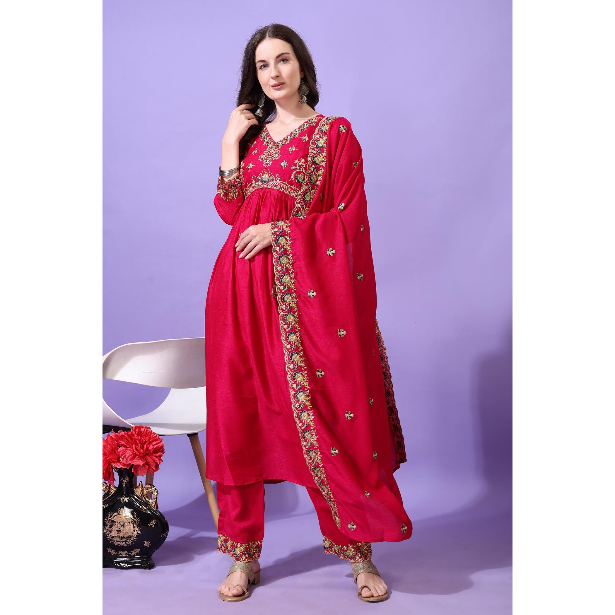 Pratham Blue Women's Silk Embroidered Anarkali Kurta Palazzos With Dupatta |Kurta Set For Women |Women Kurta |Women Embroidered Kurta Sets Kurtis (Bkp-1007-Xl_Pink)