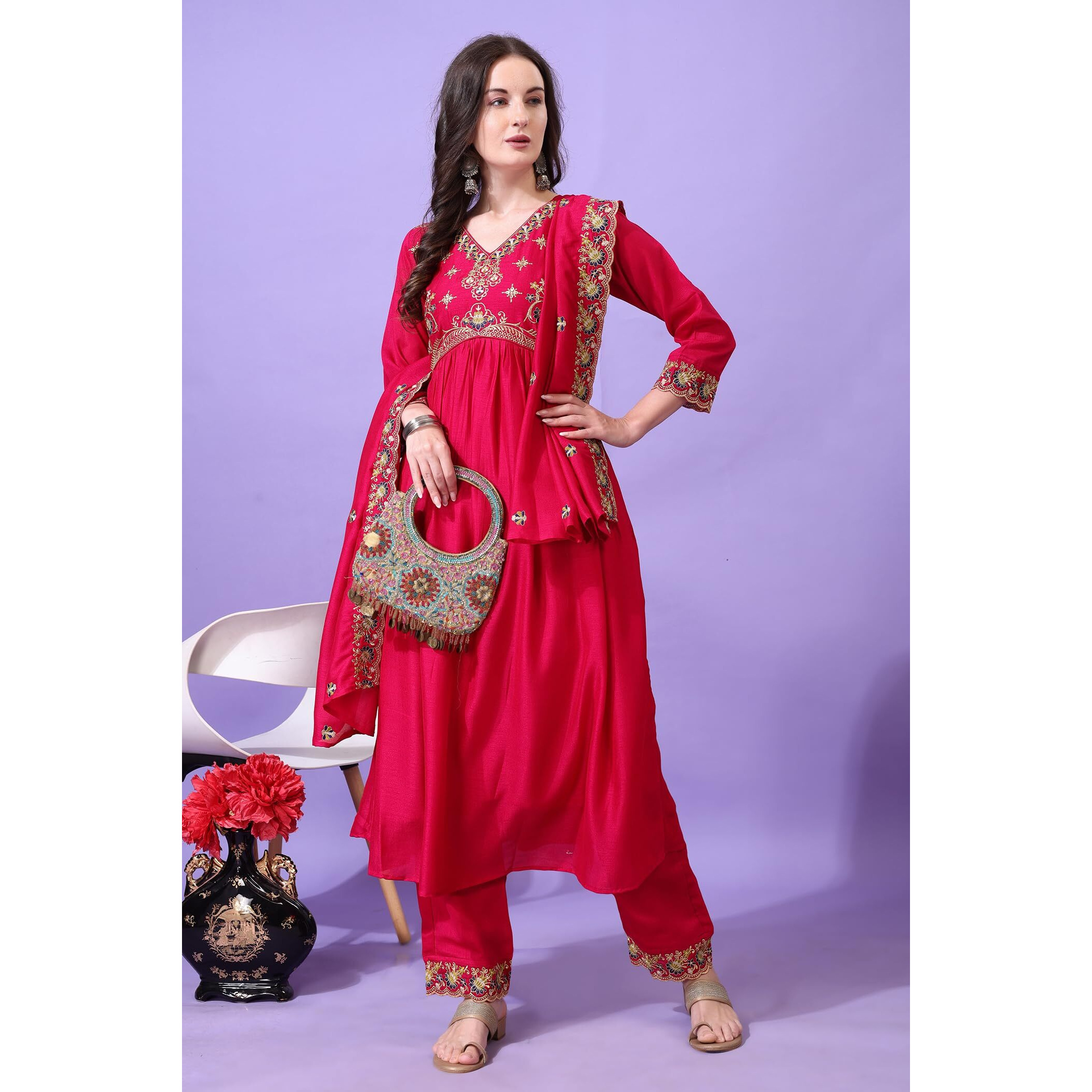 Pratham Blue Women's Silk Embroidered Anarkali Kurta Palazzos With Dupatta |Kurta Set For Women |Women Kurta |Women Embroidered Kurta Sets Kurtis (Bkp-1007-Xl_Pink)