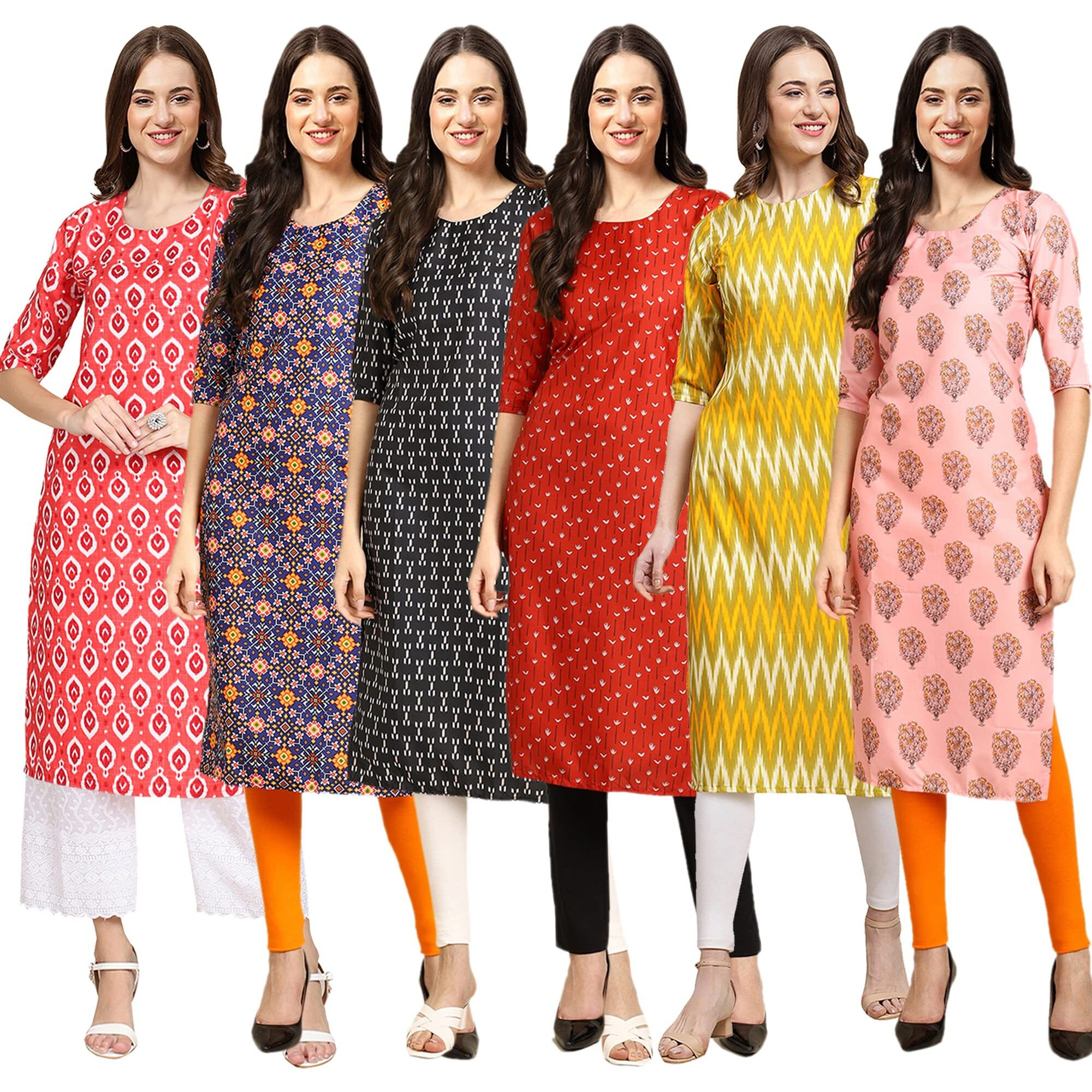 Pinkmint Women's Crepe Digital Print Straight Kurta [Pack Of 6] (Mj-346-369-362-370-329-368-M)
