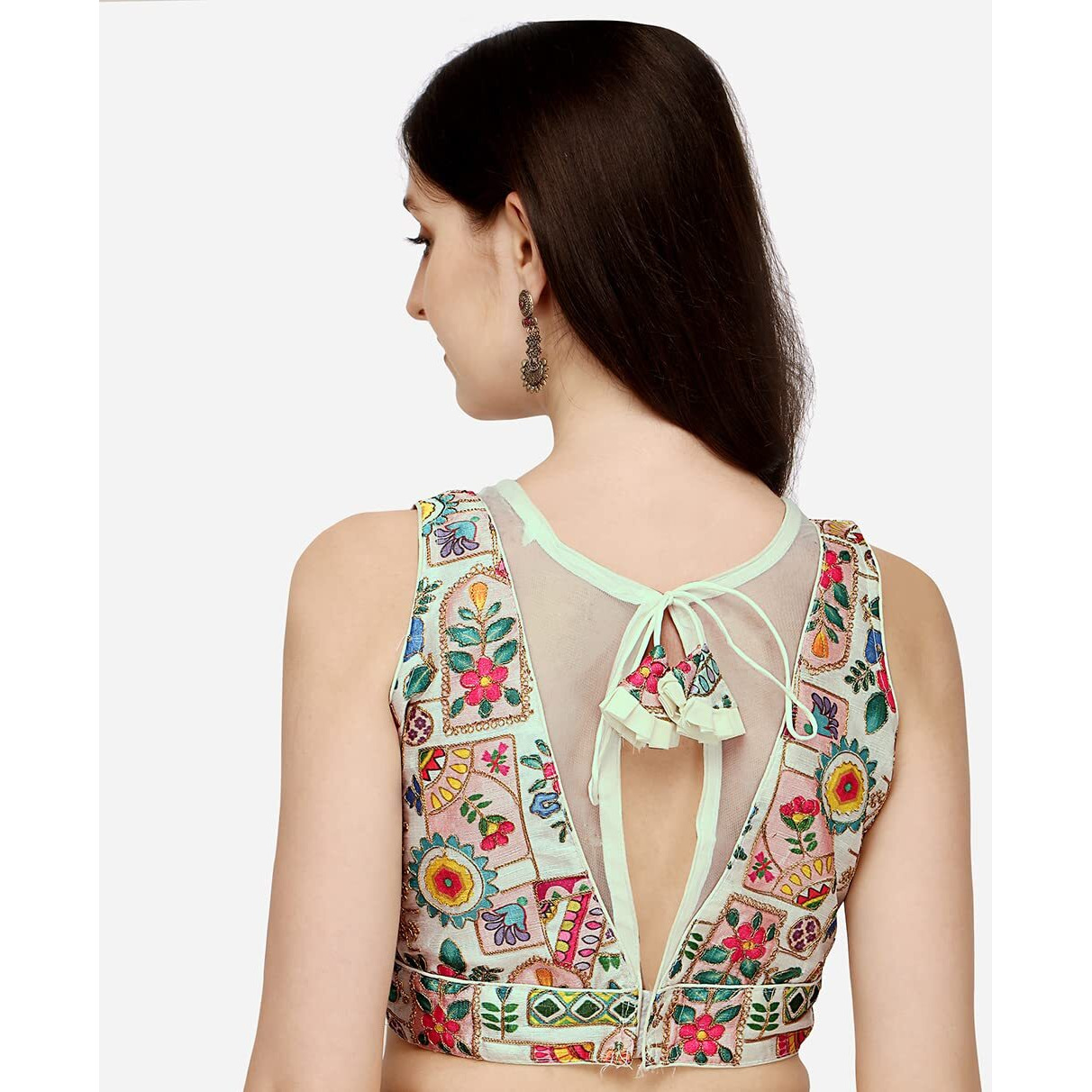 Pujia Mills Women's Phanotm Silk Floral Sleeveless Saree Blouse (Pp 4_White_38)