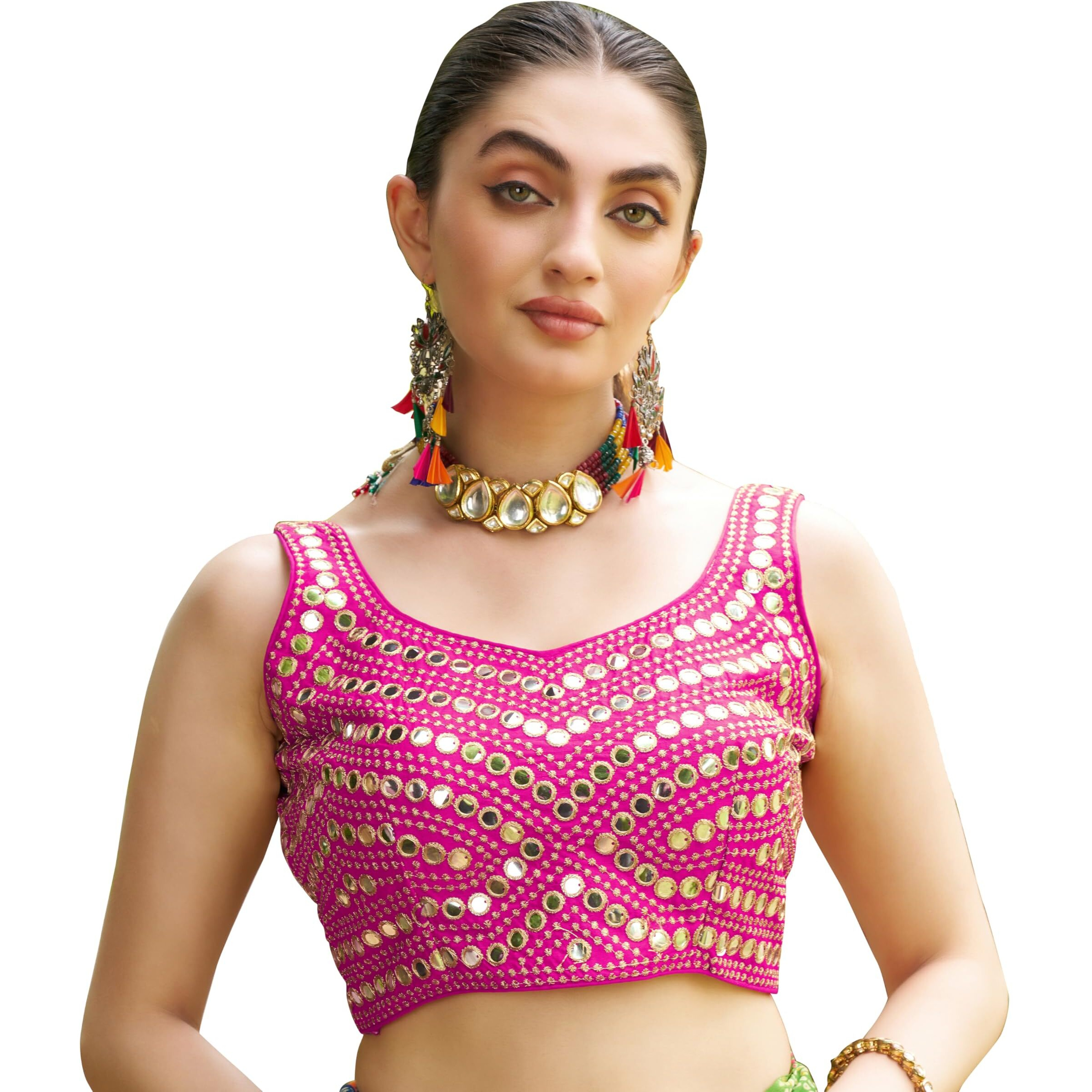 Pujia Mills Women's Embroidery Work Real Mirror Sleeveless Readymade Blouse Pink Color (V-Mirror_Pink_38)