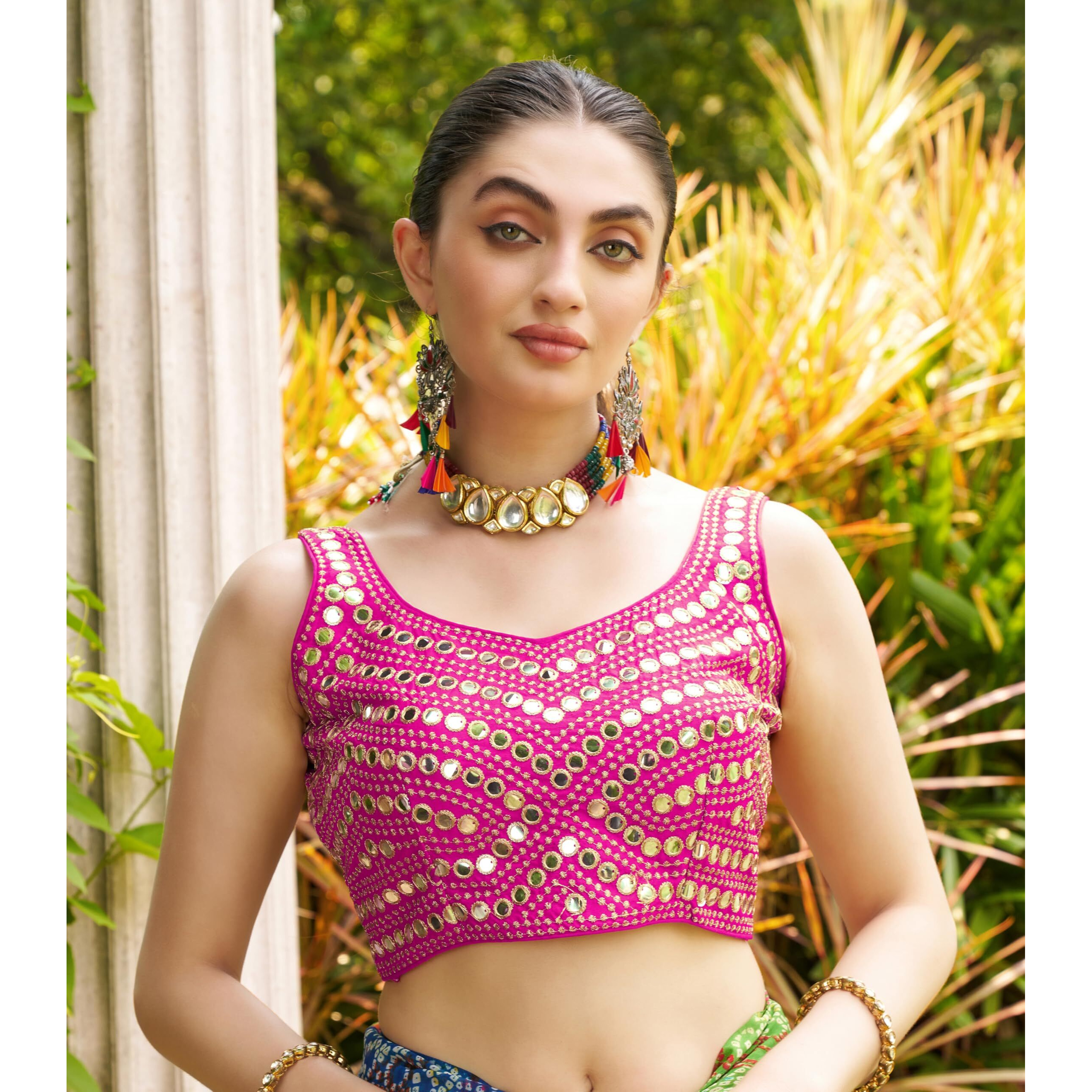 Pujia Mills Women's Embroidery Work Real Mirror Sleeveless Readymade Blouse Pink Color (V-Mirror_Pink_38)