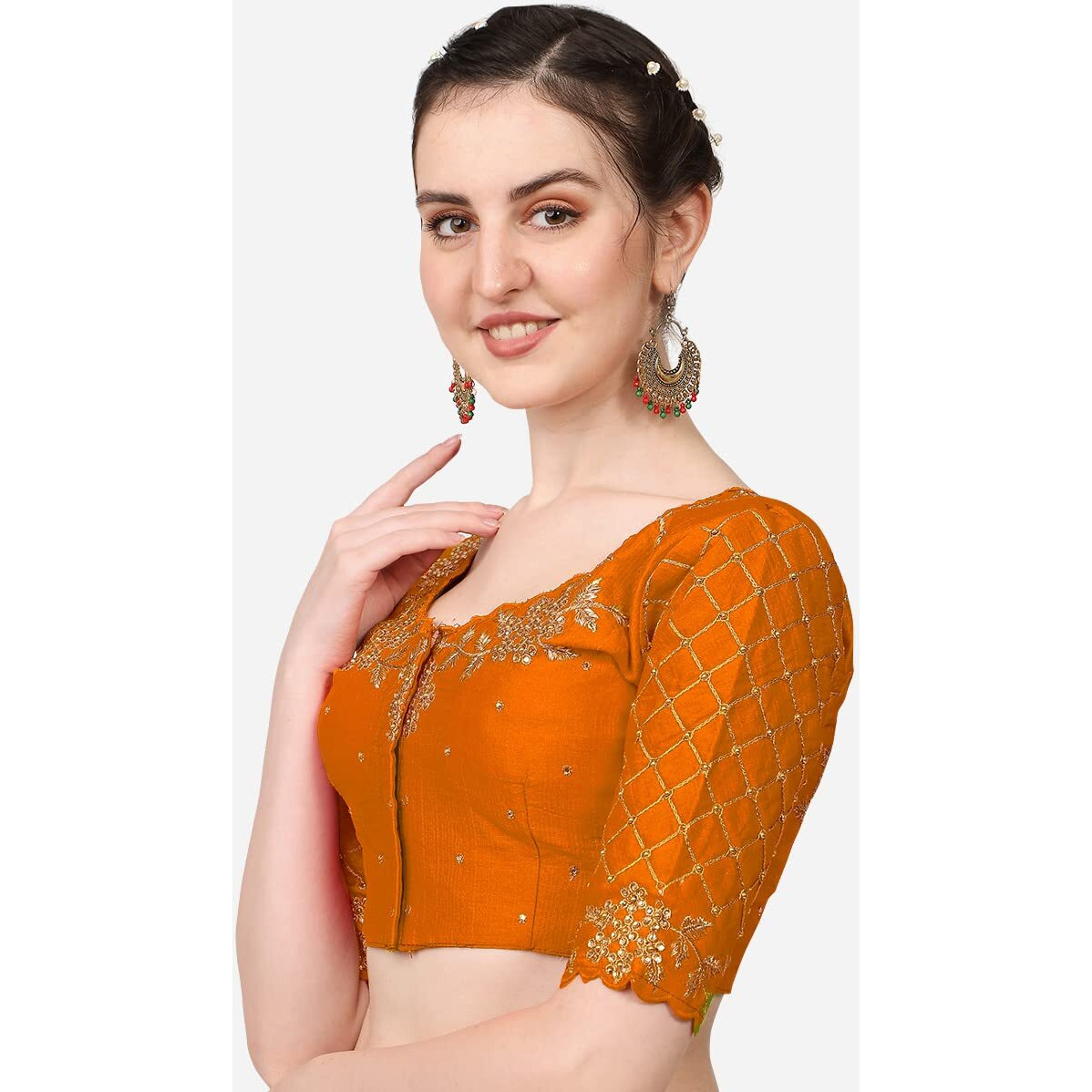 Pujia Mills Women's Embroidery Handwork, Rough Cut Work Stone Work Readymade Blouse (38, Orange)
