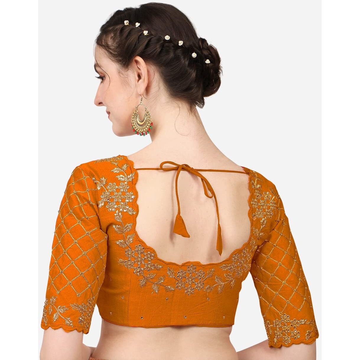 Pujia Mills Women's Embroidery Handwork, Rough Cut Work Stone Work Readymade Blouse (38, Orange)
