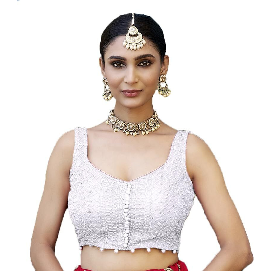 Pujia Mills Women's Georgett Floral Sleeveless Regular Blouse (Pm B Lucknowi 3 White 32