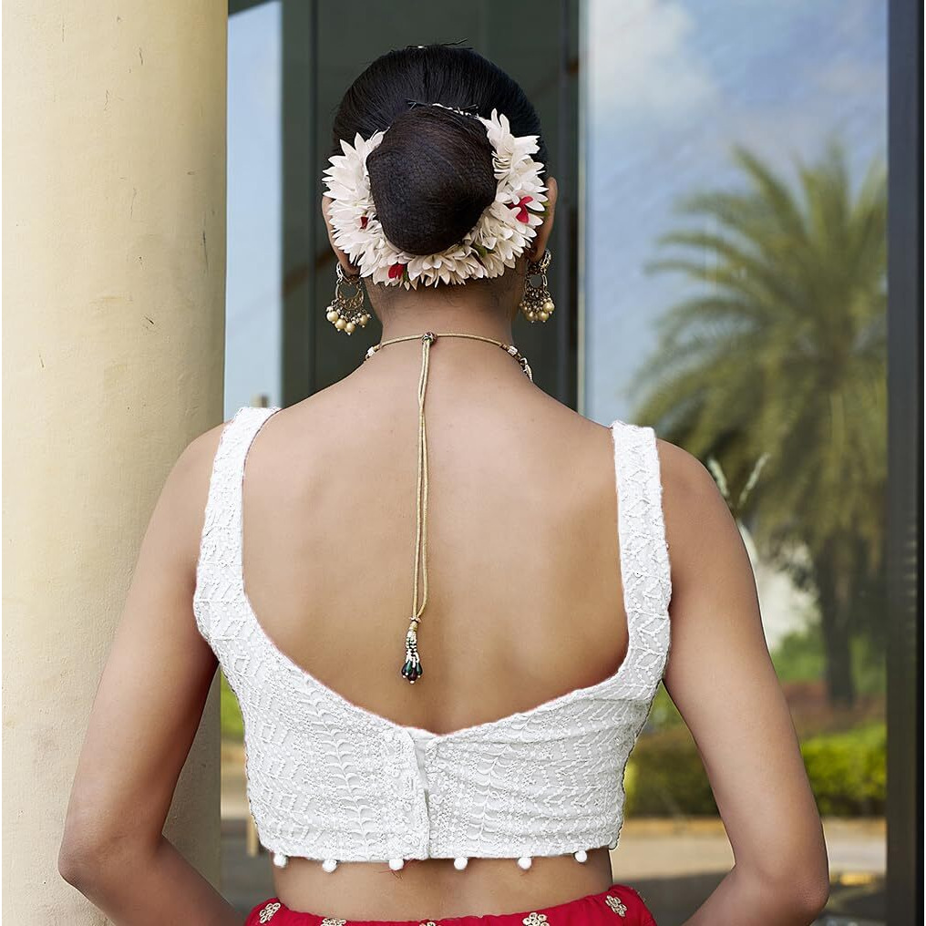 Pujia Mills Women's Georgett Floral Sleeveless Regular Blouse (Pm B Lucknowi 3 White 32