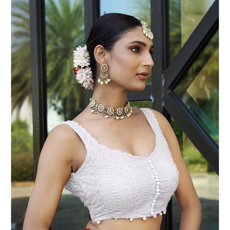 Pujia Mills Women's Georgett Floral Sleeveless Regular Blouse (Pm B Lucknowi 3 White 32