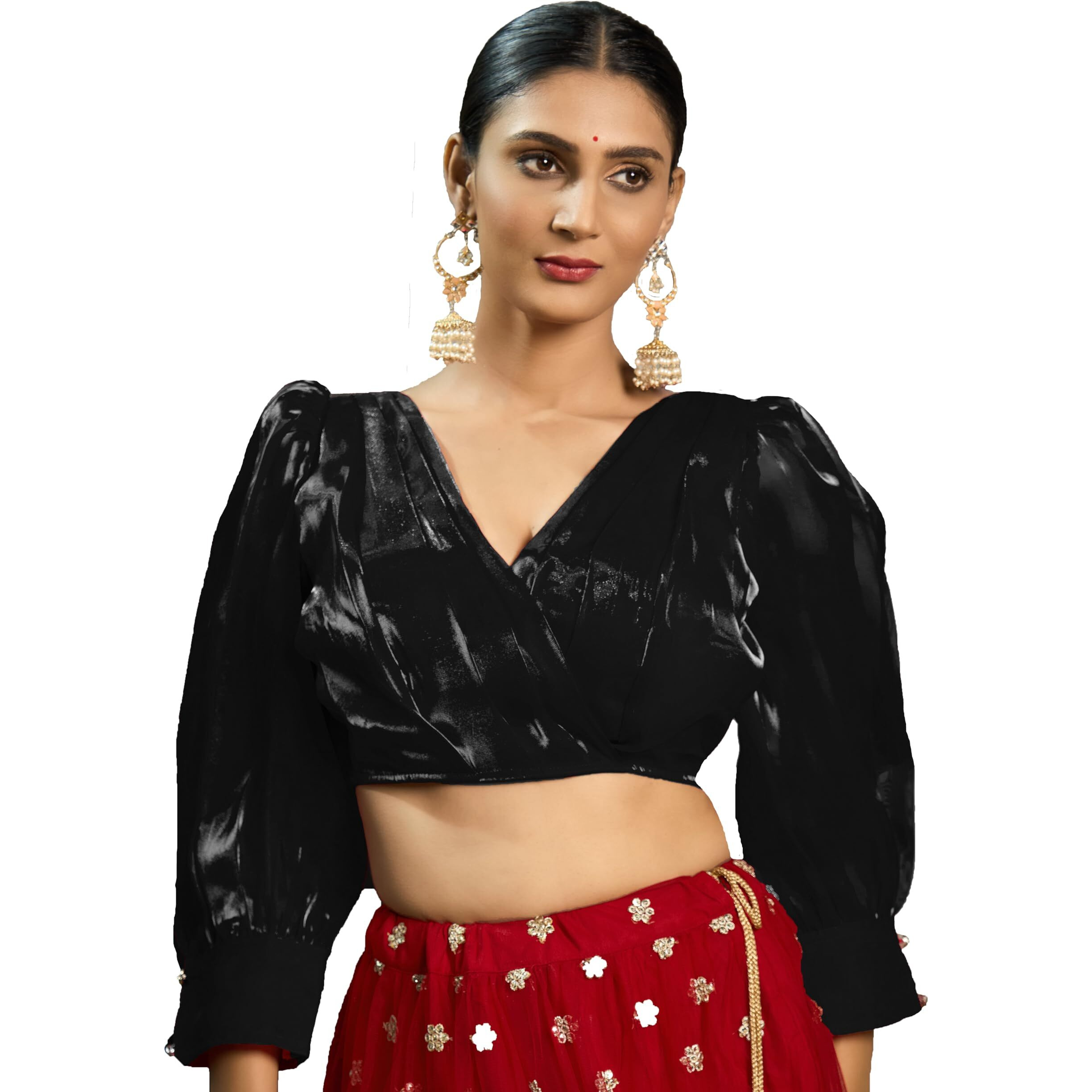 Pujia Mills Women's Rafale Silk Full Balloon Sleeve V Neck Blouse(Gangu) (Black, 42)