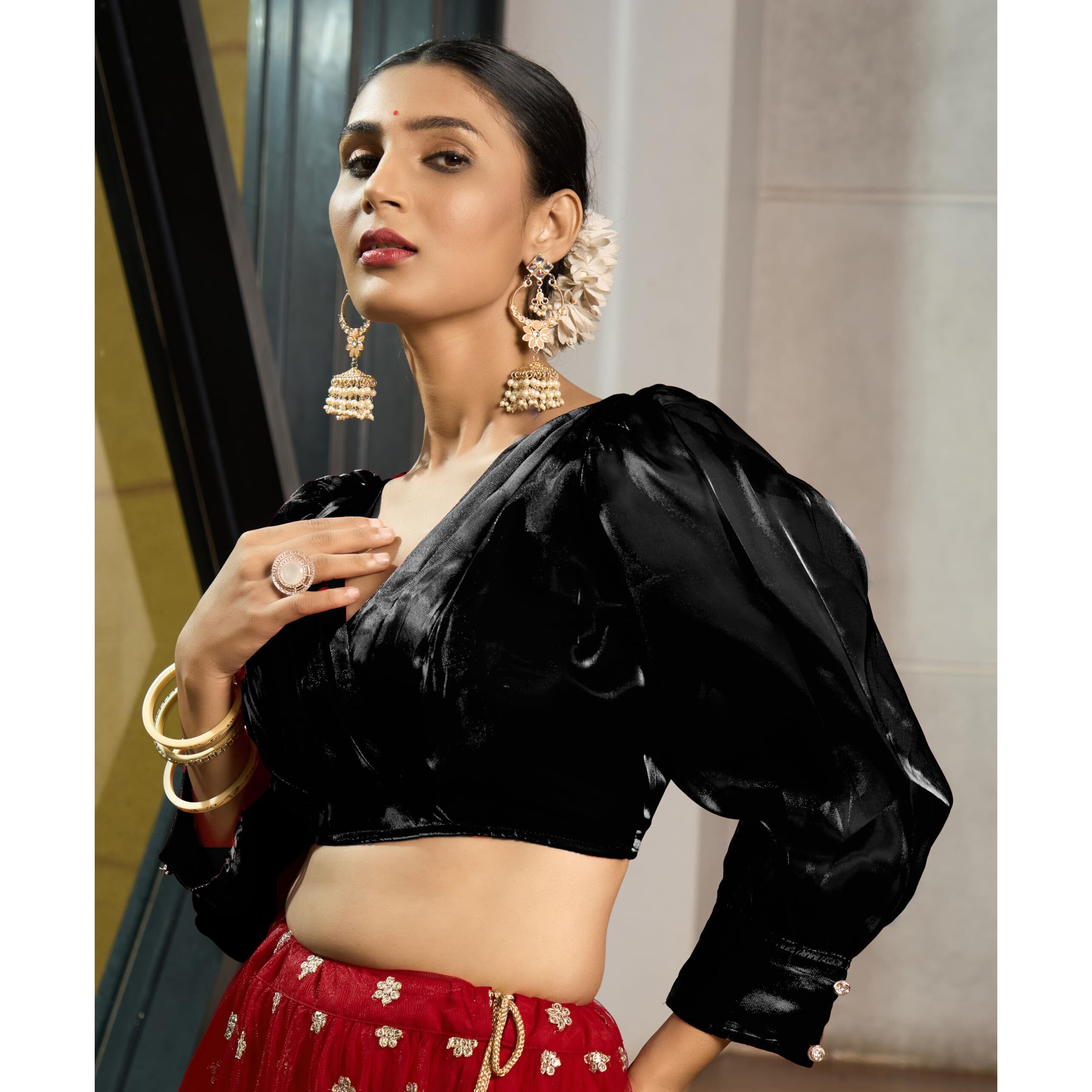 Pujia Mills Women's Rafale Silk Full Balloon Sleeve V Neck Blouse(Gangu) (Black, 42)