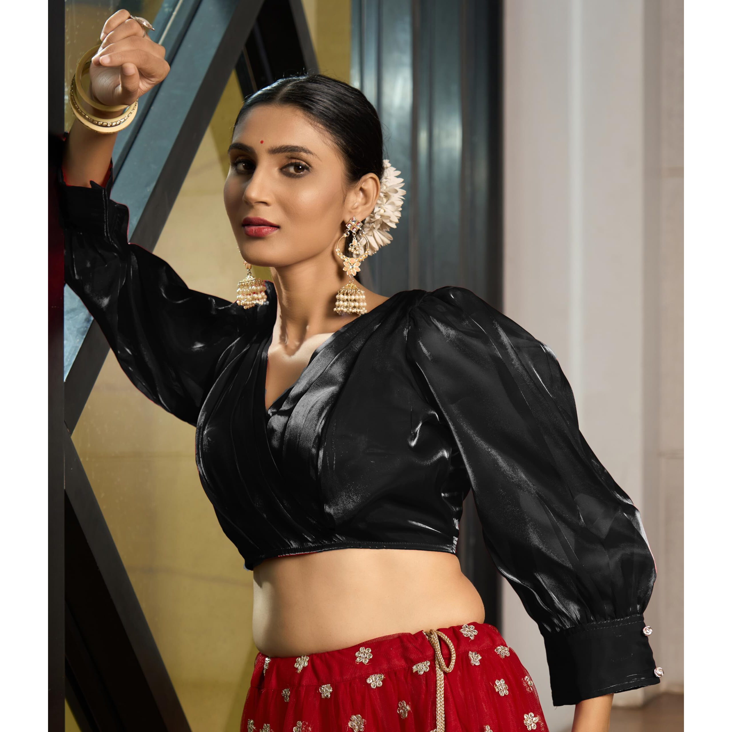 Pujia Mills Women's Rafale Silk Full Balloon Sleeve V Neck Blouse(Gangu) (Black, 42)