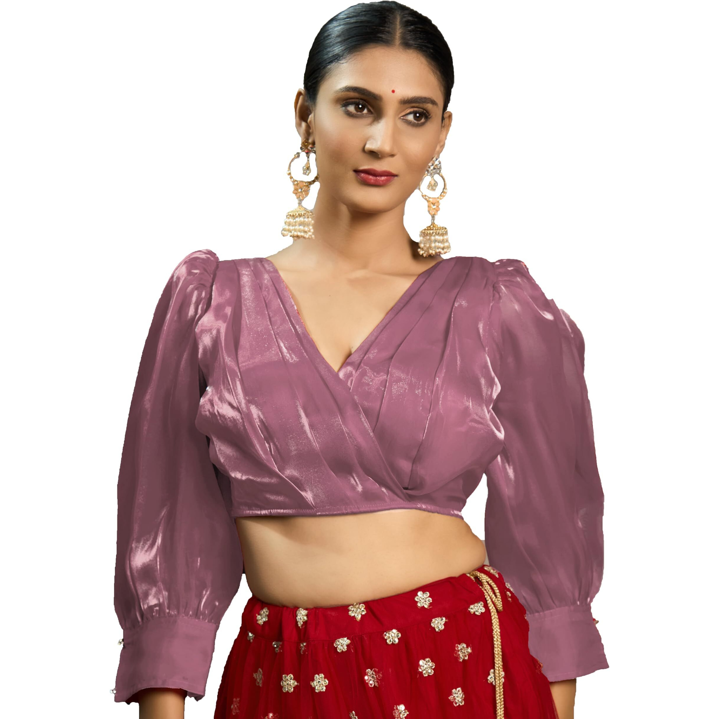 Pujia Mills Women's Rafale Silk Full Balloon Sleeve V Neck Blouse(Gangu) (Peach, 34)