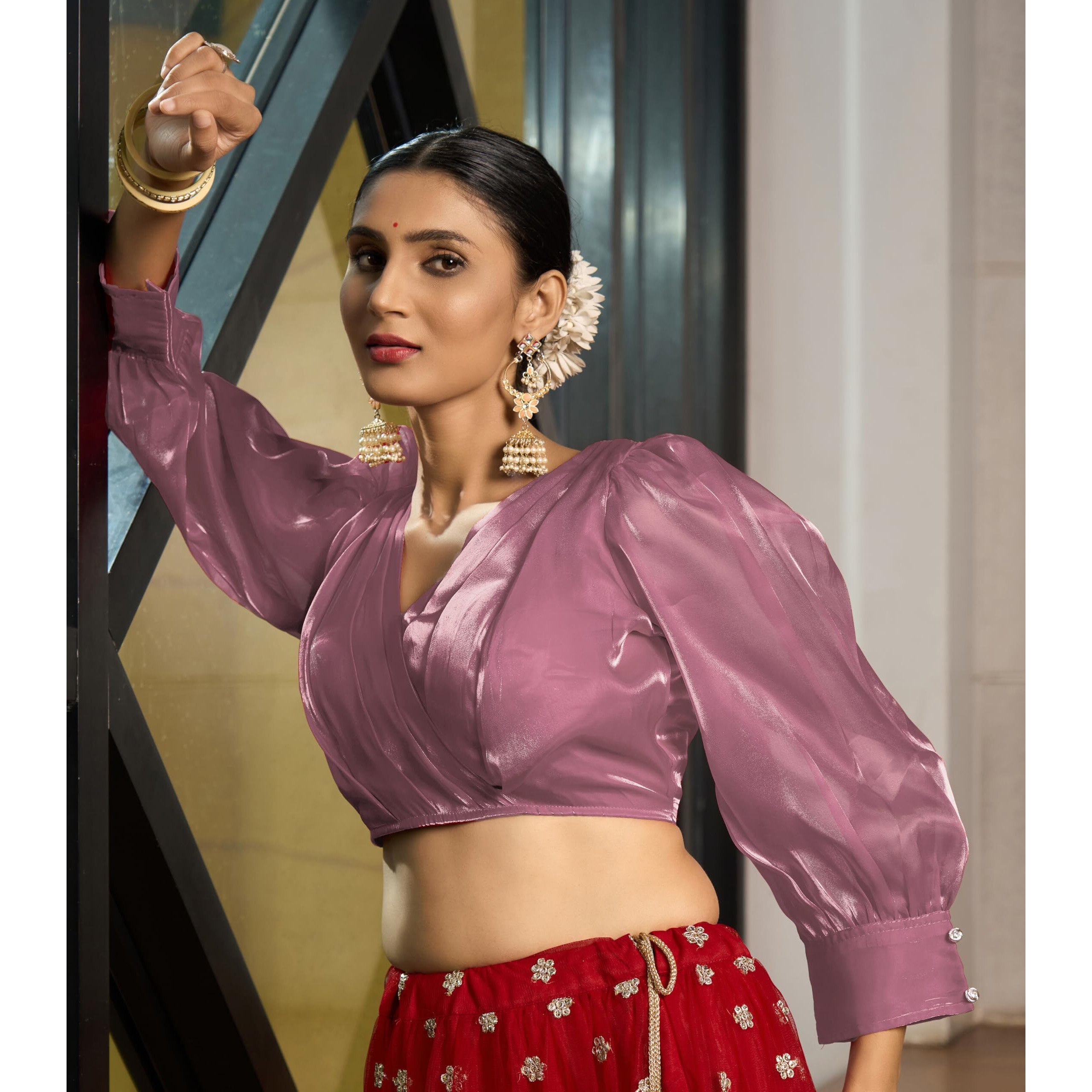 Pujia Mills Women's Rafale Silk Full Balloon Sleeve V Neck Blouse(Gangu) (Peach, 34)