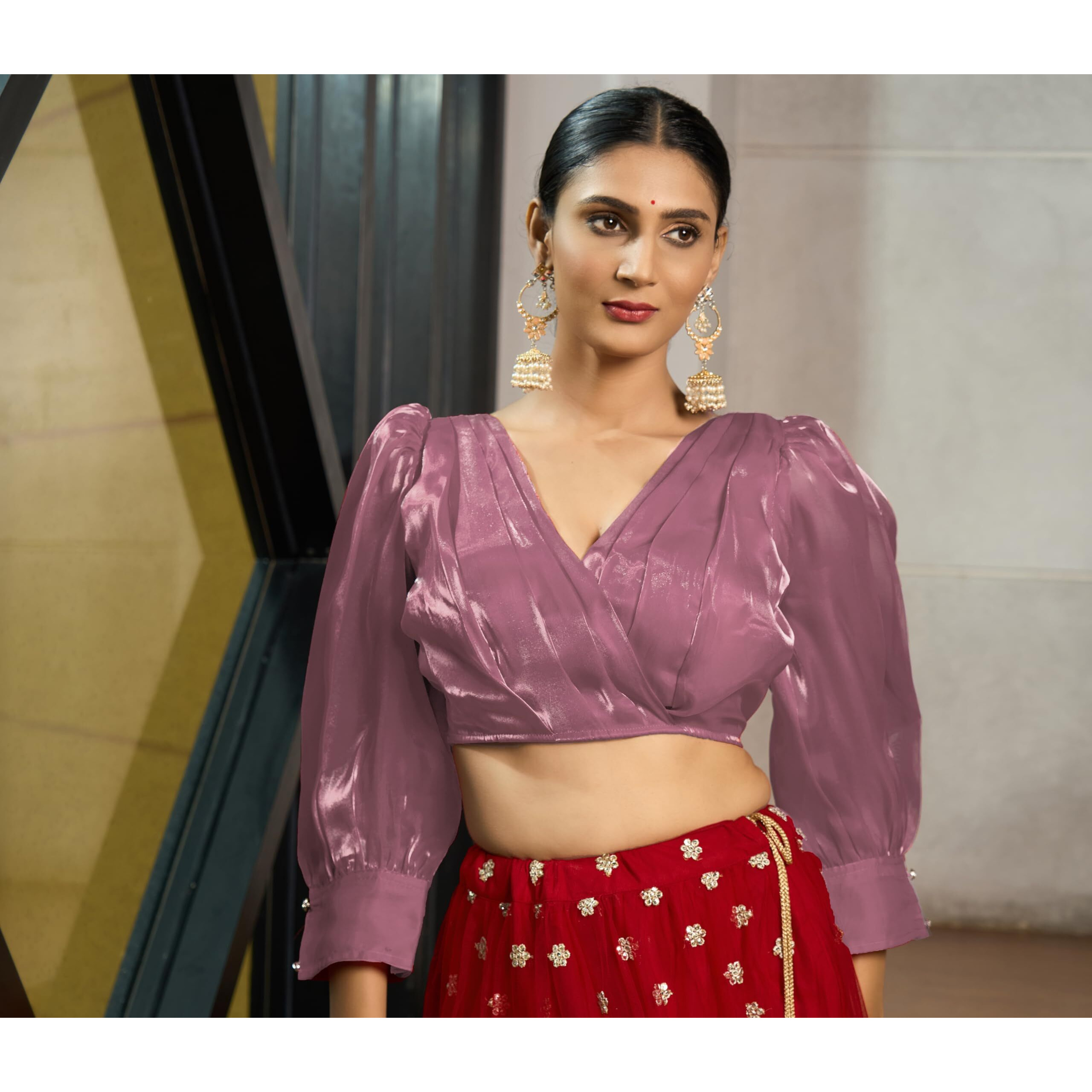 Pujia Mills Women's Rafale Silk Full Balloon Sleeve V Neck Blouse(Gangu) (Peach, 34)