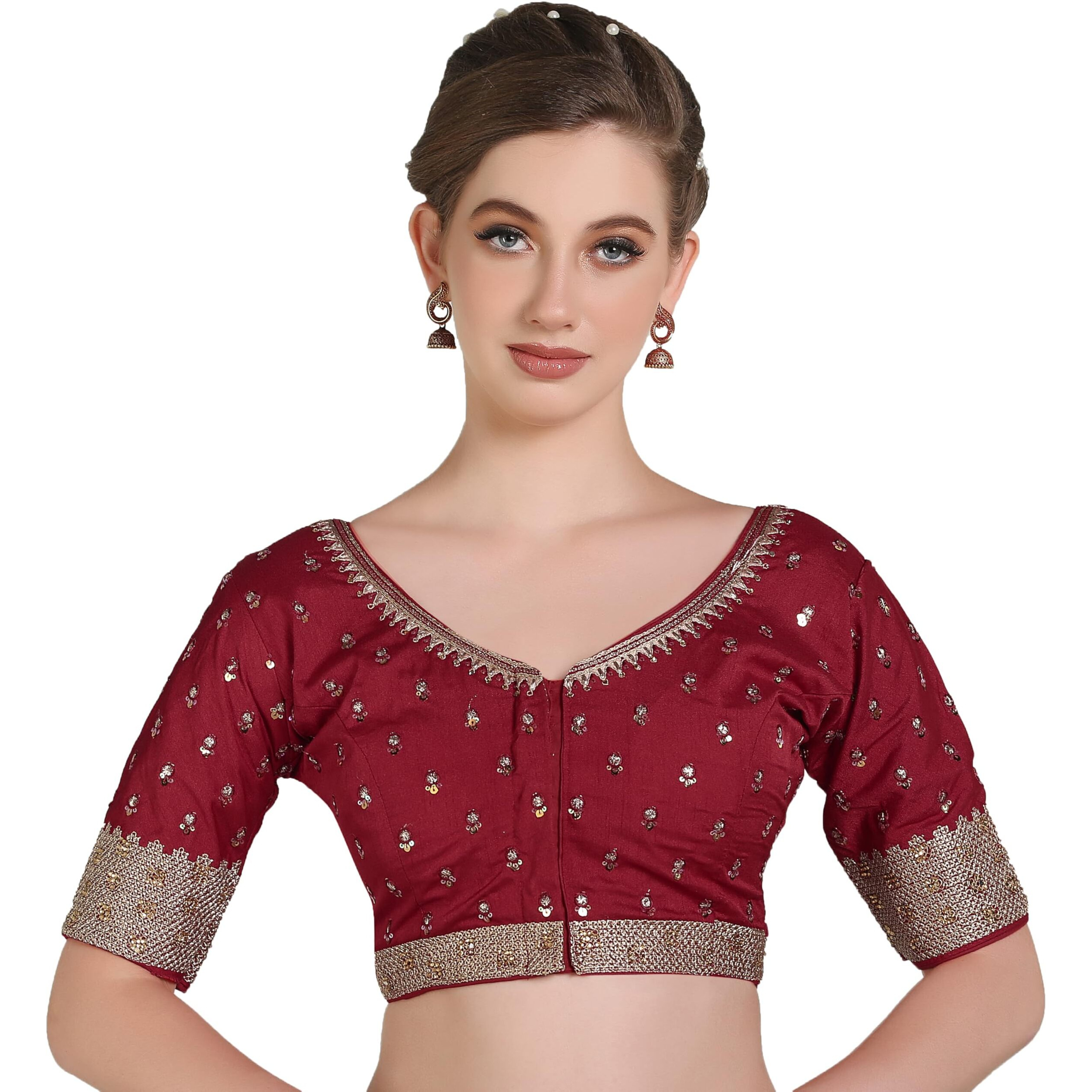 Pujia Mills Women Indian Ethnic Wear Designer Golden Codding With Zari Embroidered Diamond Work Round Neck Half Sleeve Readymade Aari Work Saree Blouse Bridal Readymade Blouse Maroon Lehenga Choli