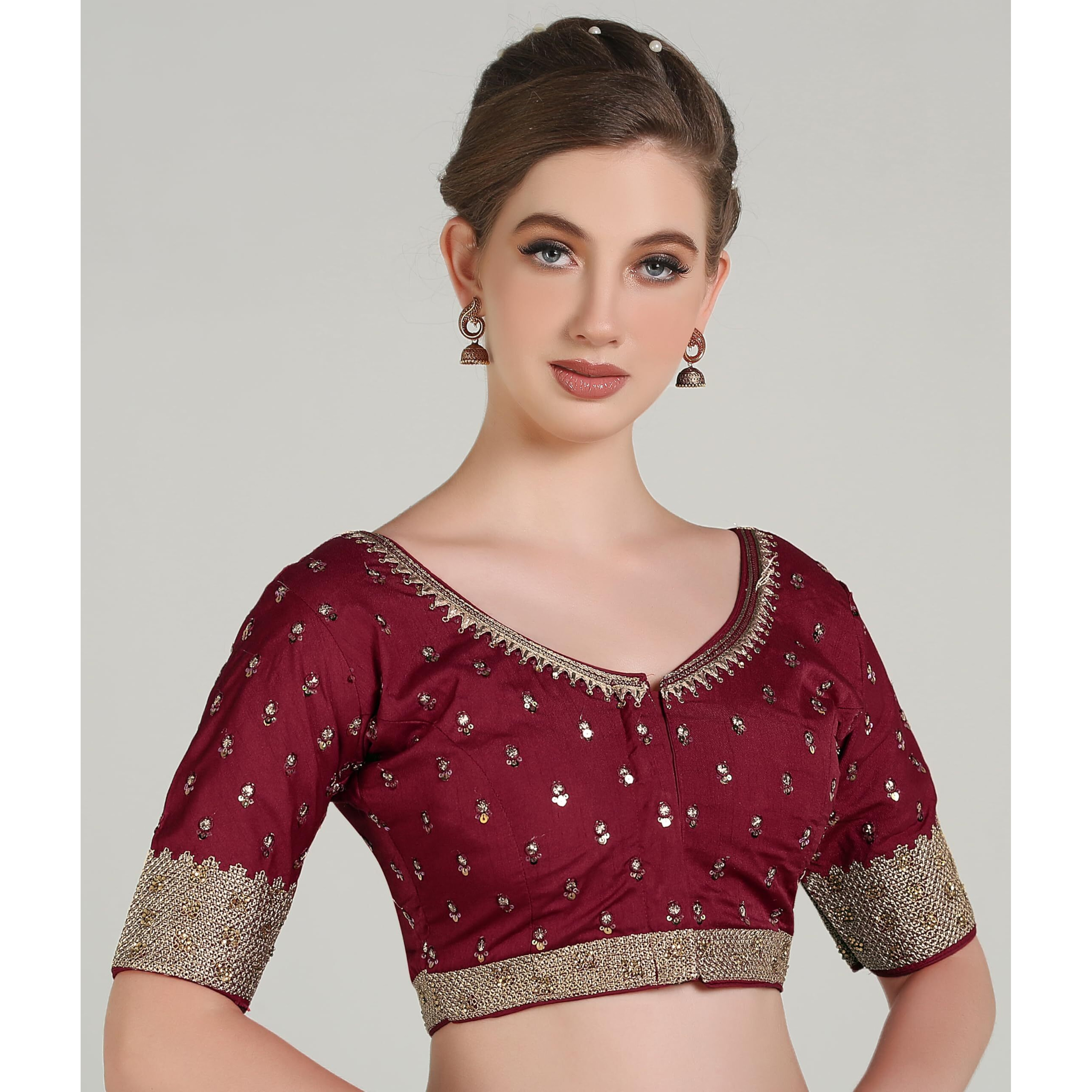 Pujia Mills Women Indian Ethnic Wear Designer Golden Codding With Zari Embroidered Diamond Work Round Neck Half Sleeve Readymade Aari Work Saree Blouse Bridal Readymade Blouse Maroon Lehenga Choli