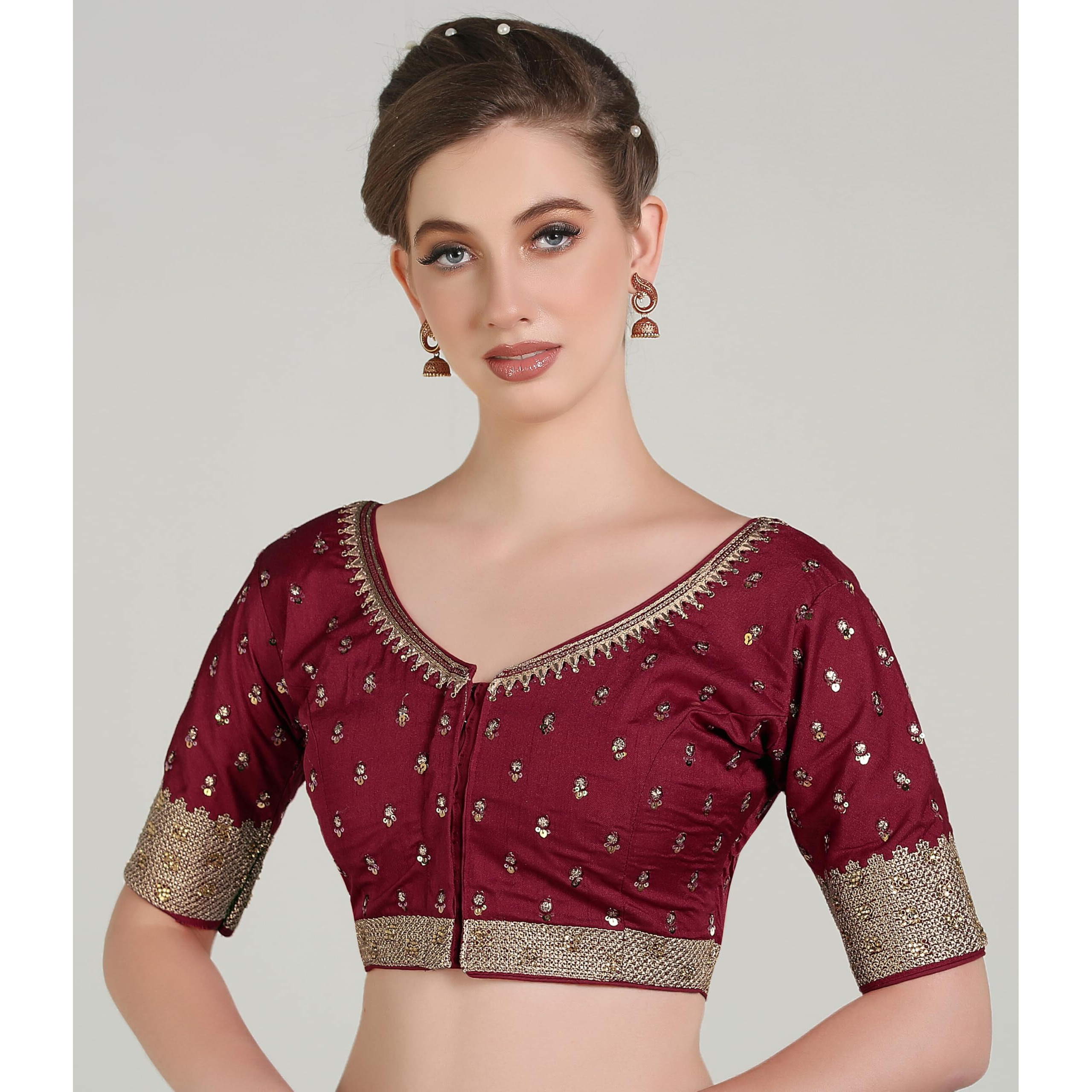 Pujia Mills Women Indian Ethnic Wear Designer Golden Codding With Zari Embroidered Diamond Work Round Neck Half Sleeve Readymade Aari Work Saree Blouse Bridal Readymade Blouse Maroon Lehenga Choli