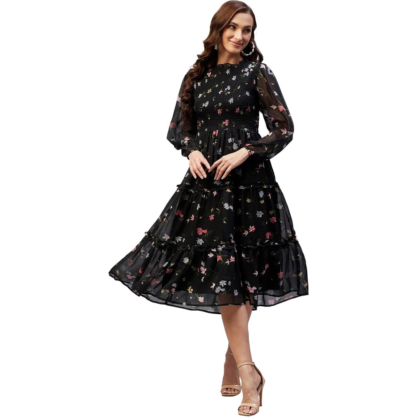 Rare Women Casual Black Colour Midi Fit And Flare Floral Dress, Small