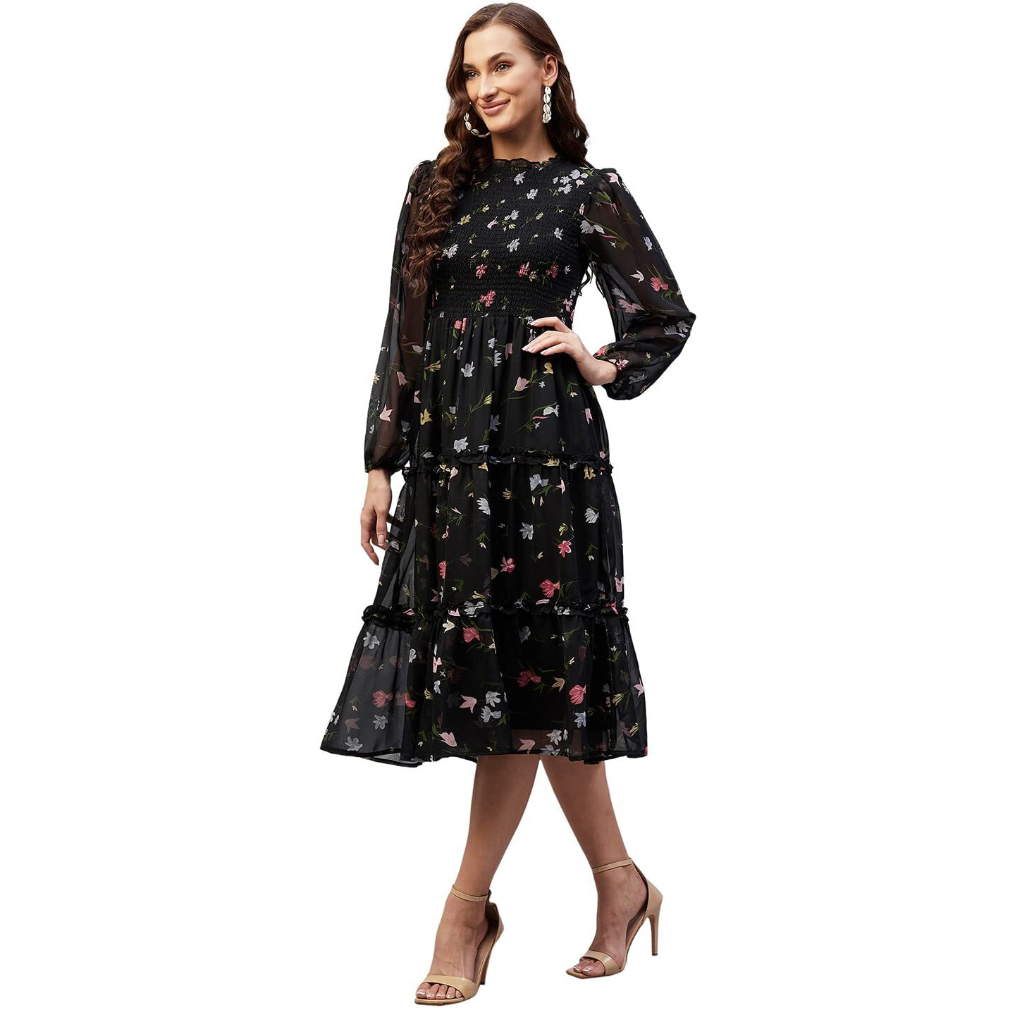 Rare Women Casual Black Colour Midi Fit And Flare Floral Dress, Small