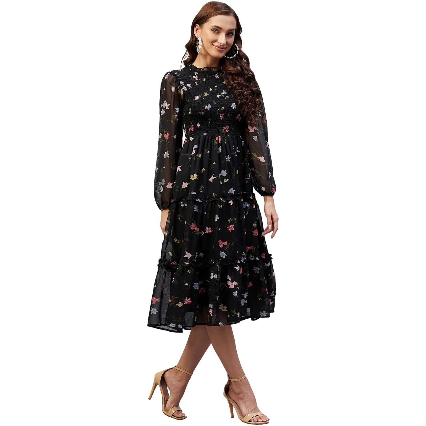 Rare Women Casual Black Colour Midi Fit And Flare Floral Dress, Small