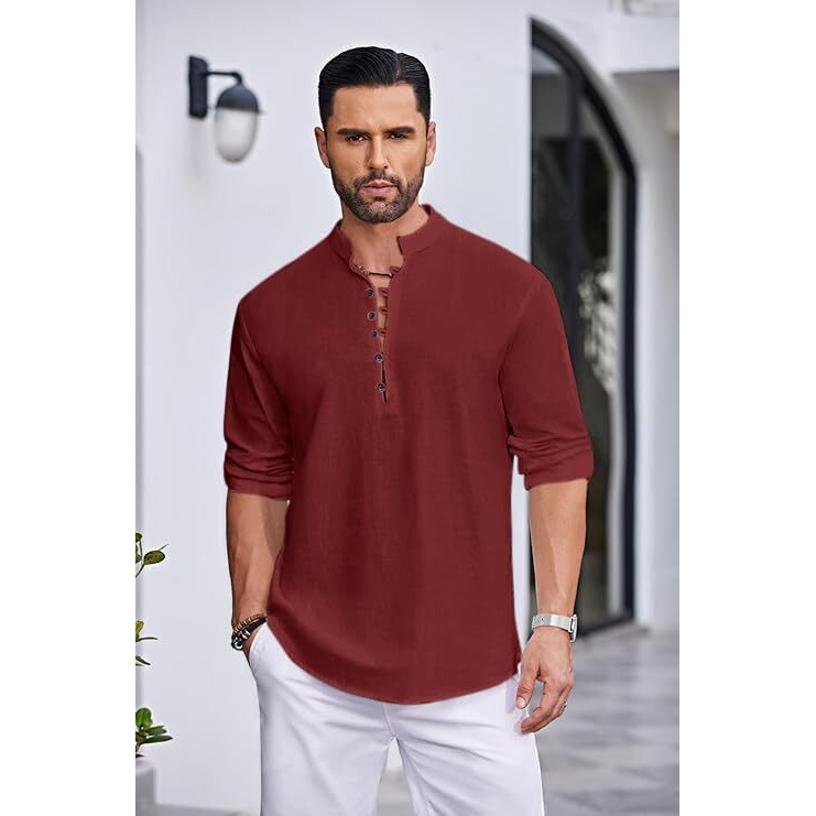 Royalscout Men's Solid Cotton Blend Straight Kurta Shirt | Regular Fit Full Sleeve Short Kurta Wine