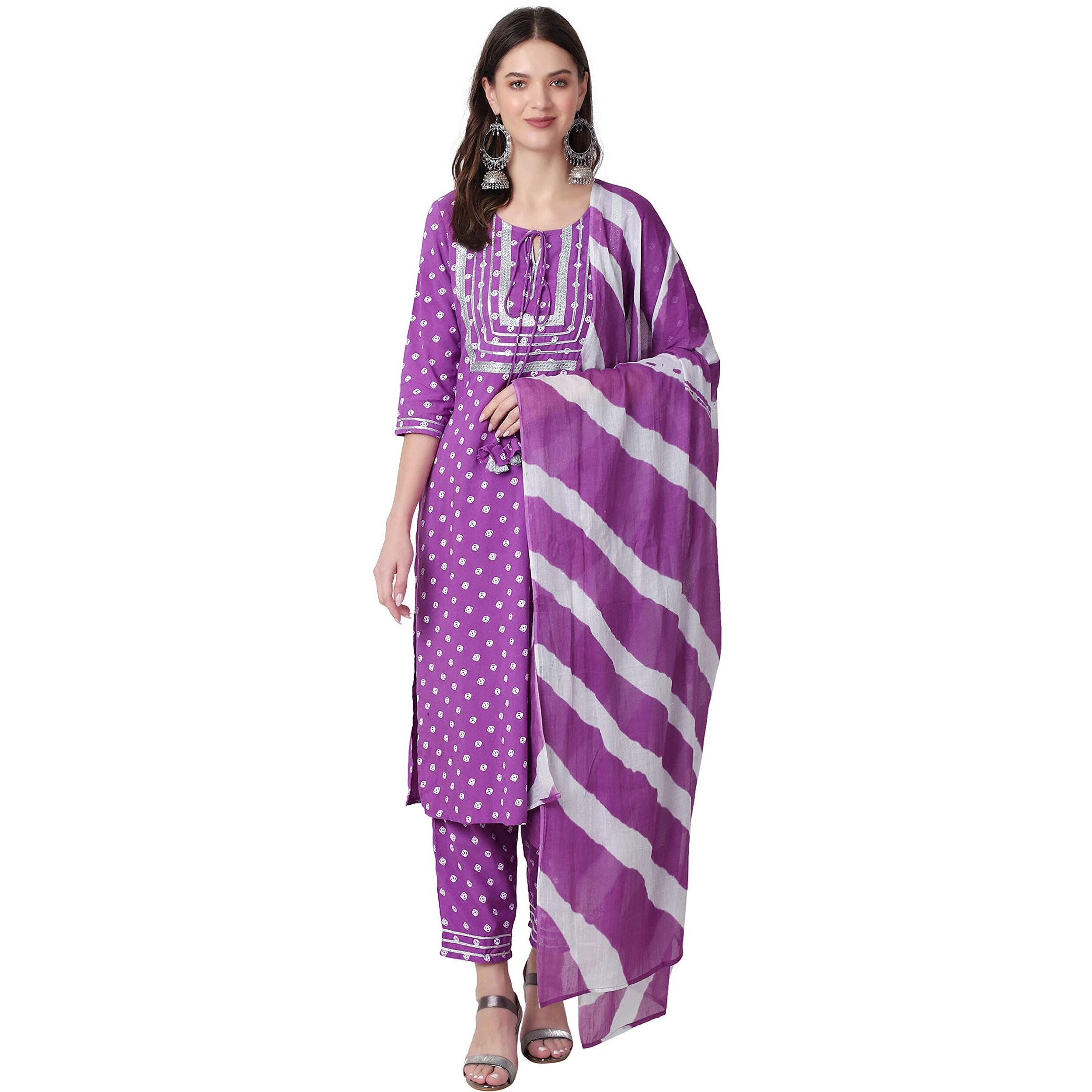 Rytras Women's Rayon Printed Purple Straight Kurta With Palazzos And Dupatta Set(Purple,M)