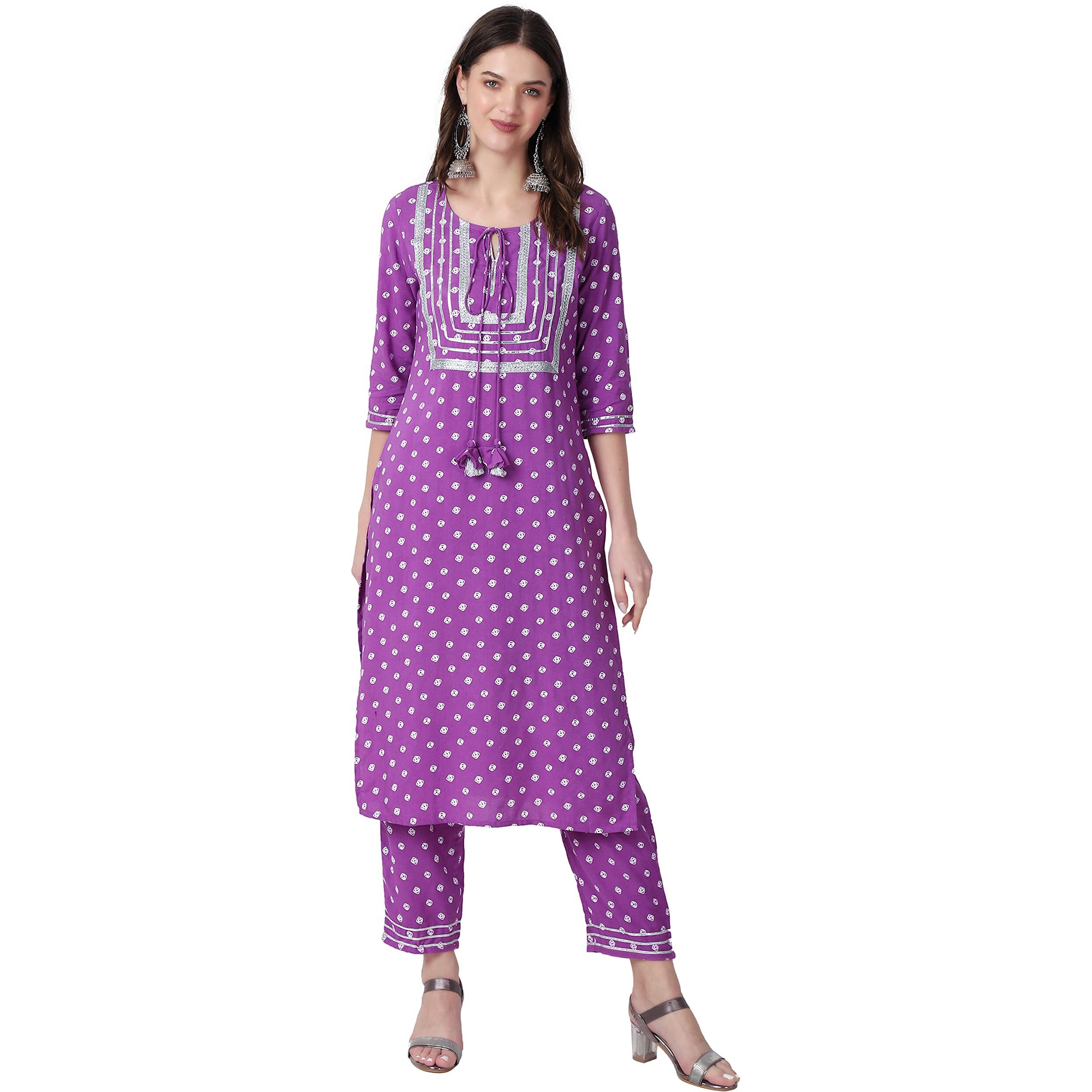 Rytras Women's Rayon Printed Purple Straight Kurta With Palazzos And Dupatta Set(Purple,M)