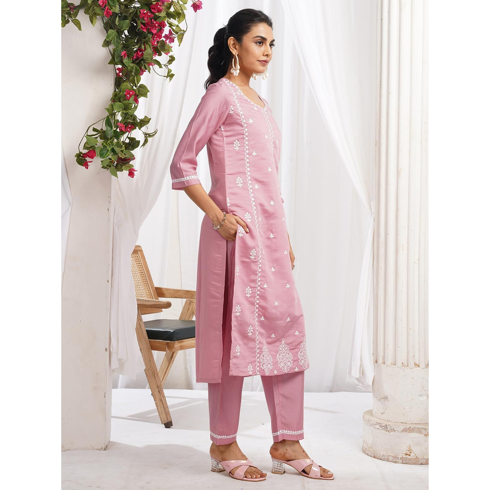 Sanisa Women's Silk Blend Embroidery Work Straight Kurta With Pant And Dupatta Set (210Kbd2224N-Xxl_Pink)