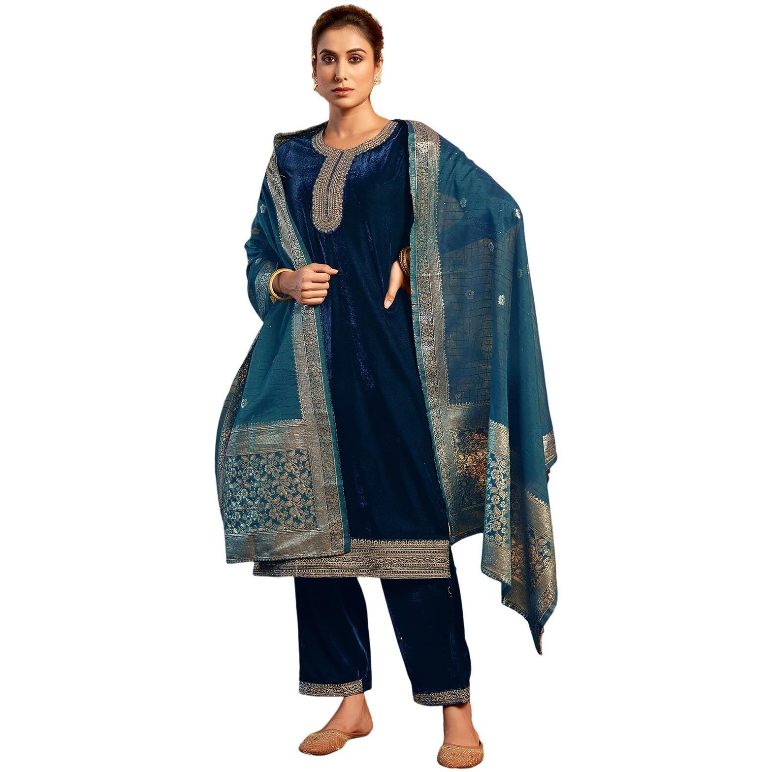 Sanisa Women's Velvet Sequins Embroidery Straight Kurta With Pant And Dupatta Set (215Kbd2275N-S_Rama Blue)