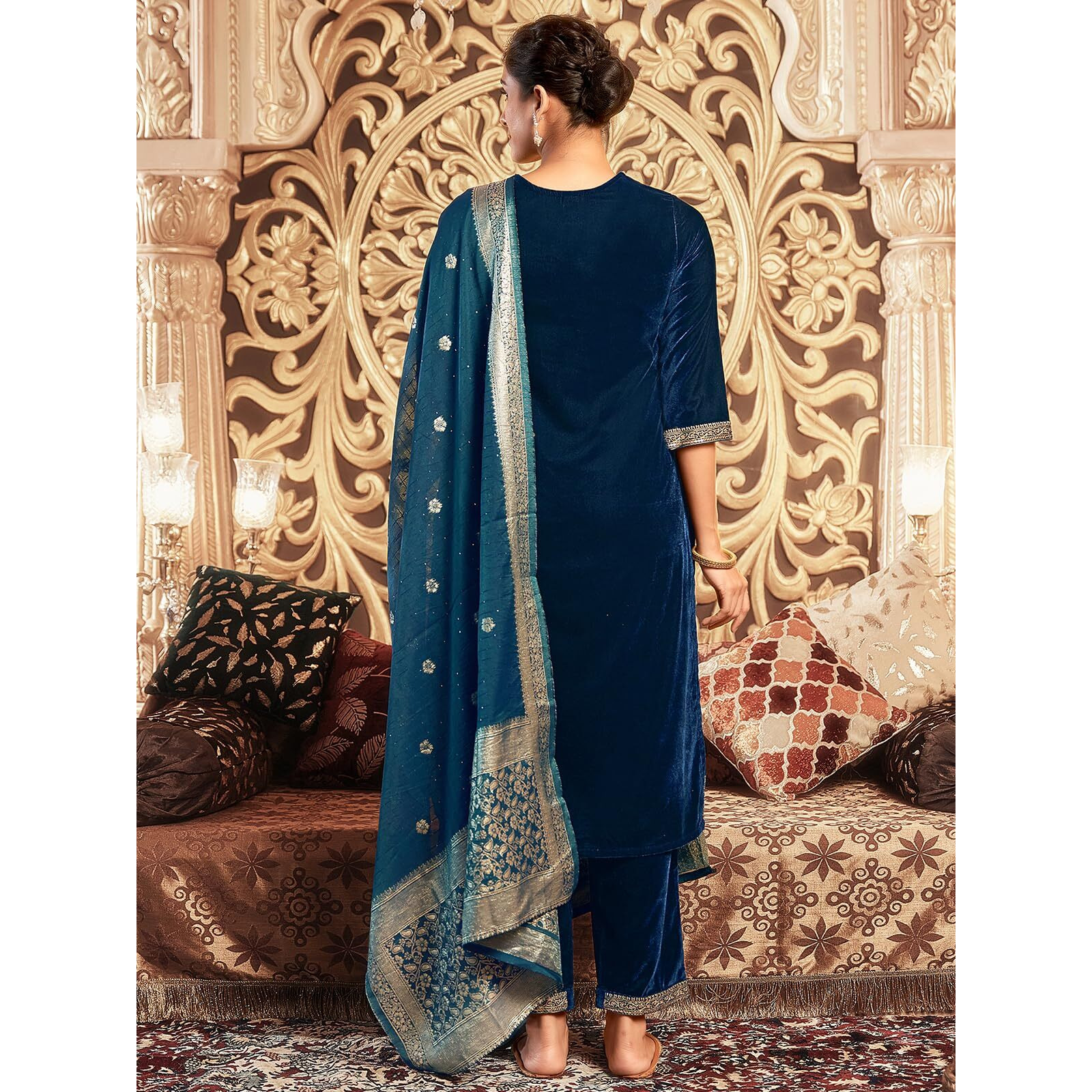 Sanisa Women's Velvet Sequins Embroidery Straight Kurta With Pant And Dupatta Set (215Kbd2275N-S_Rama Blue)