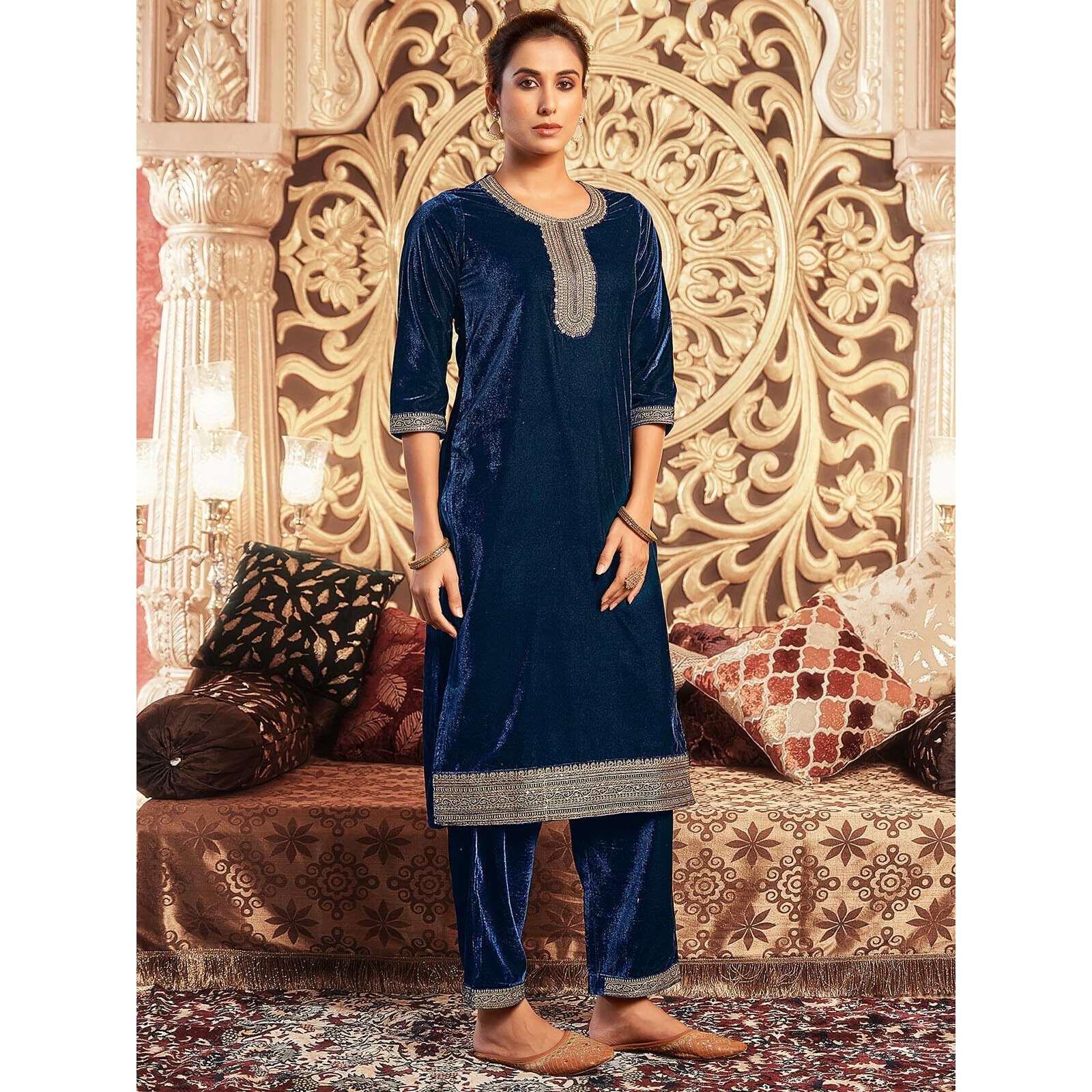 Sanisa Women's Velvet Sequins Embroidery Straight Kurta With Pant And Dupatta Set (215Kbd2275N-S_Rama Blue)