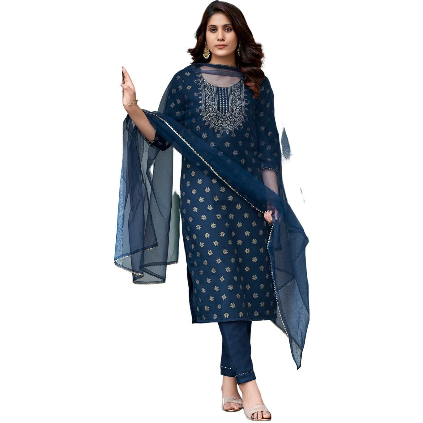 Sanisa Women's Cotton Blend Embroidery & Foil Printed Straight Kurta With Pant And Gota Lace Work Dupatta (137Kbd1475Nz-Xxl_Dark Blue)
