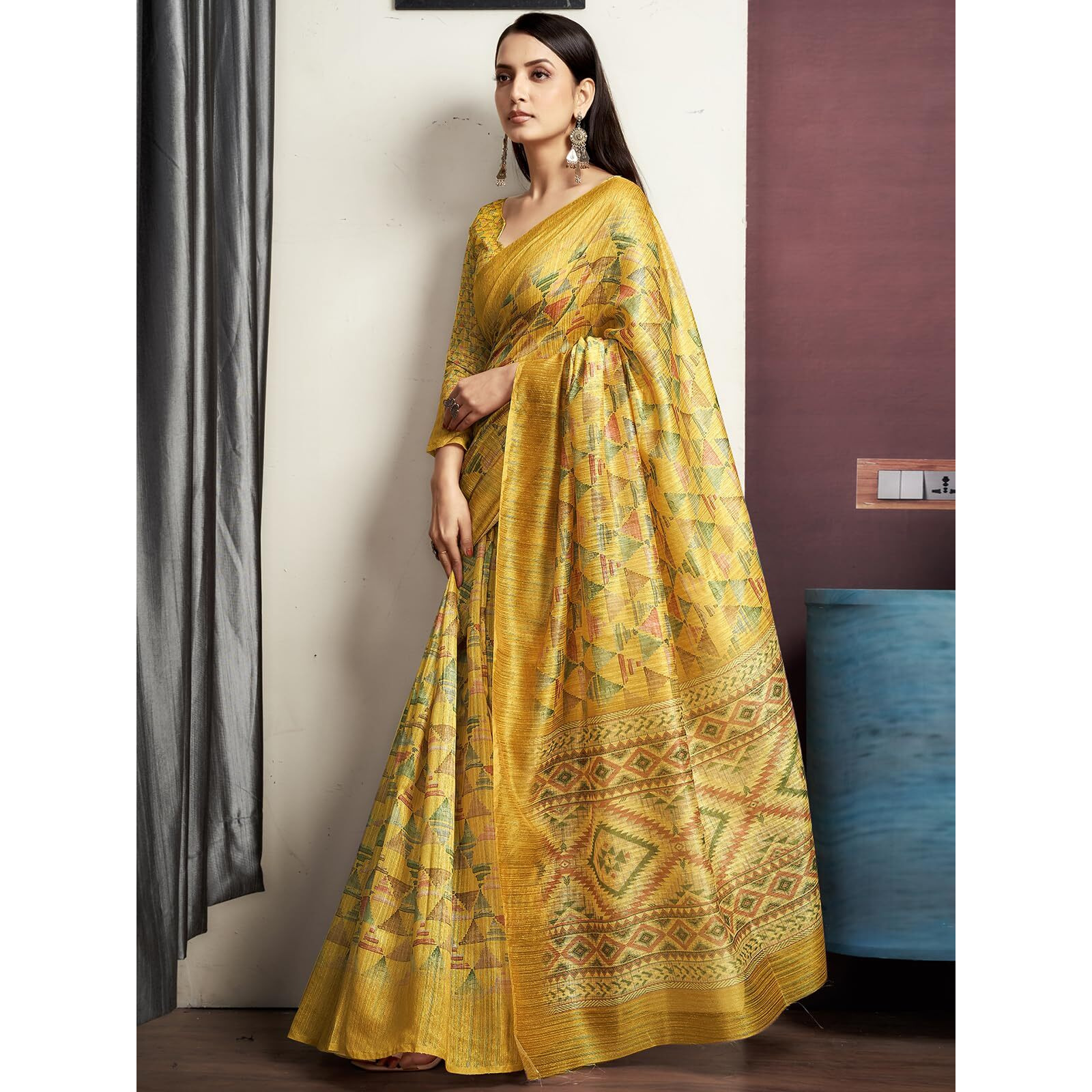 Satrani Women's Cotton Blend Geometric Printed Saree With Unstitched Blouse Piece (4000S148N_Yellow & Multi)