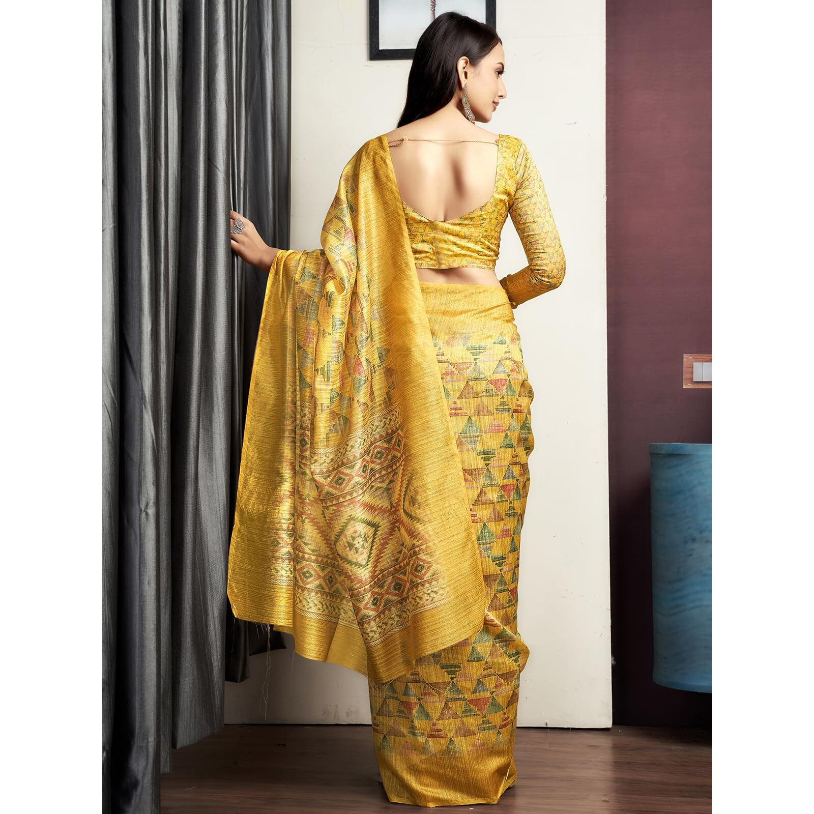 Satrani Women's Cotton Blend Geometric Printed Saree With Unstitched Blouse Piece (4000S148N_Yellow & Multi)